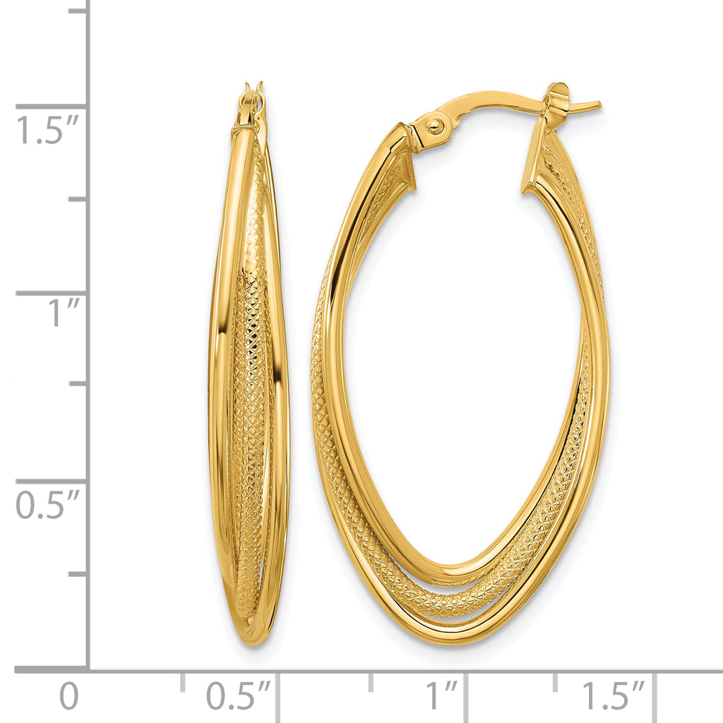 10k Polished and Textured Triple Oval Twist Hoop Earrings