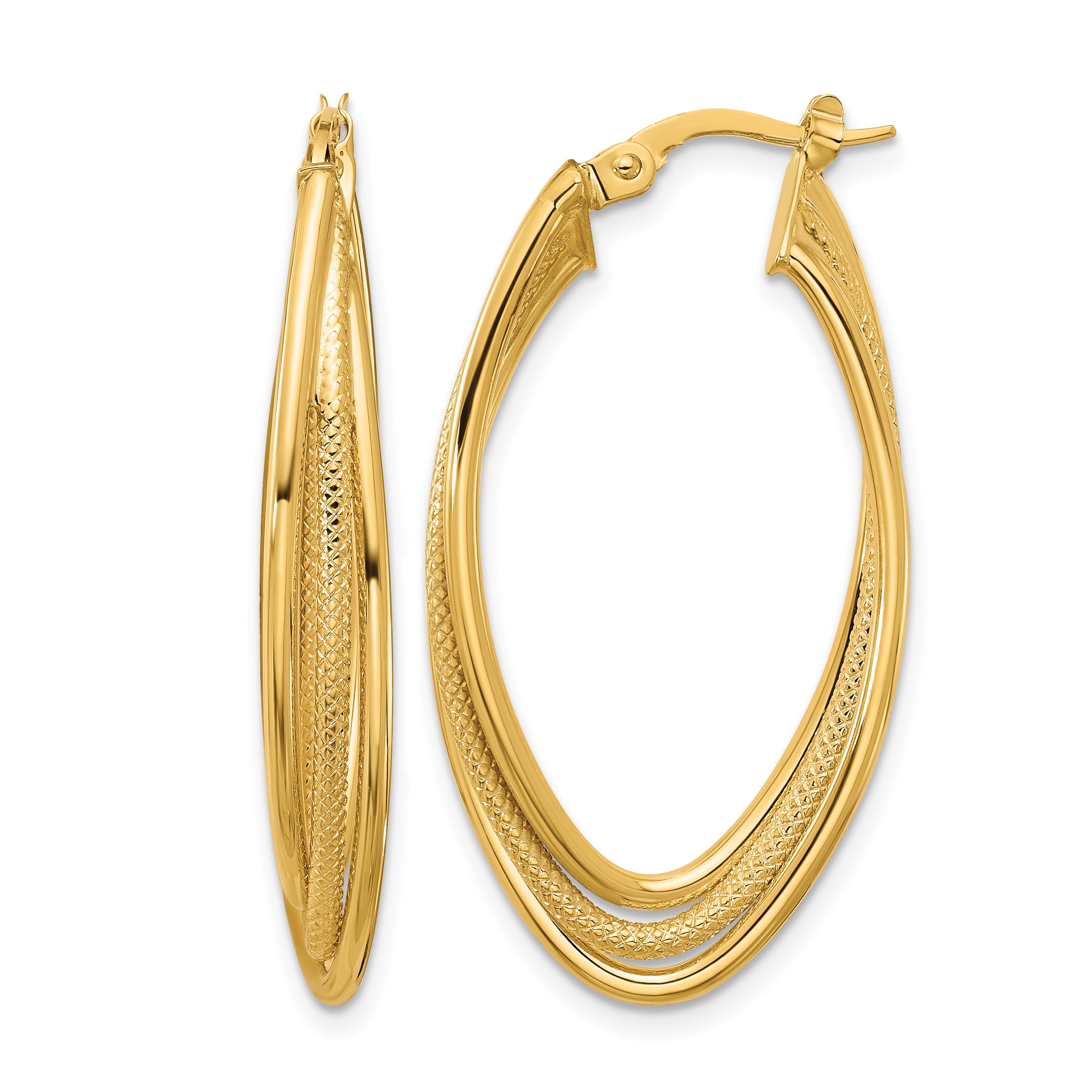 10k Polished and Textured Triple Oval Twist Hoop Earrings