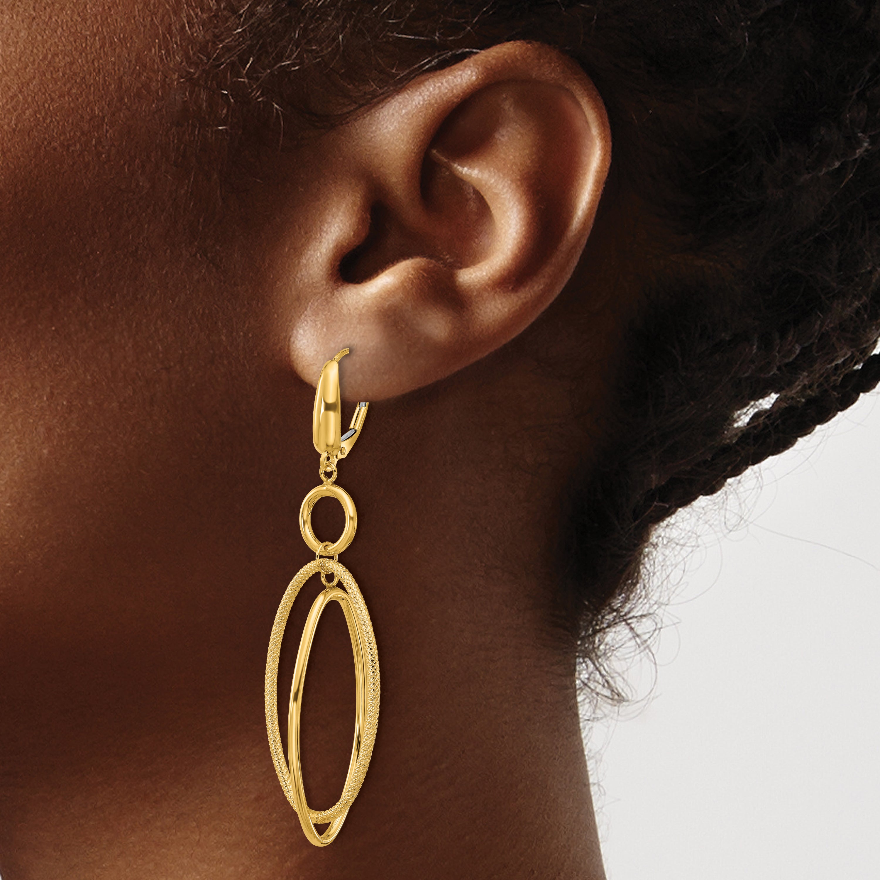 10k Polished and Textured Oval Dangle Leverback Earrings