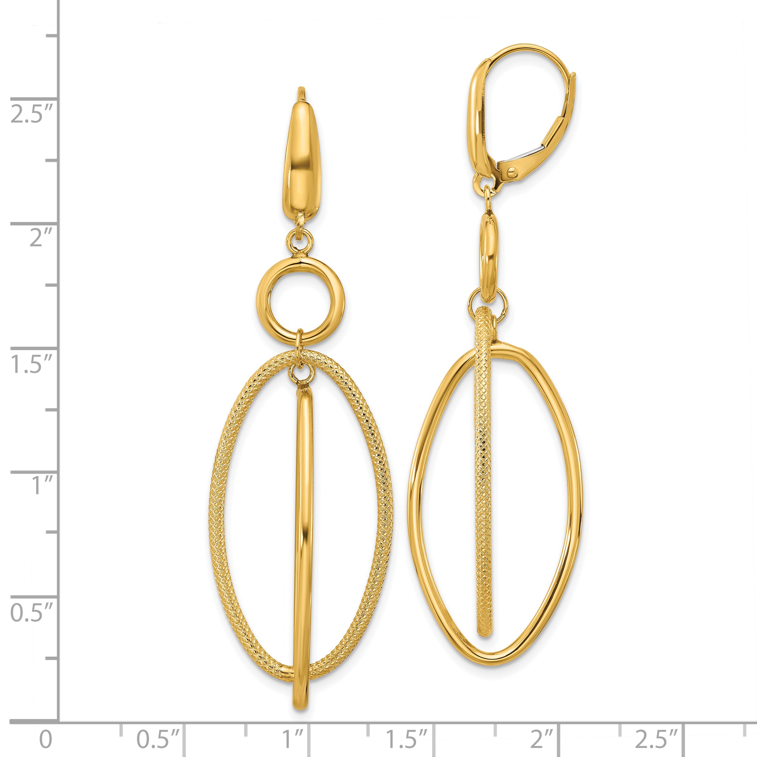 10k Polished and Textured Oval Dangle Leverback Earrings