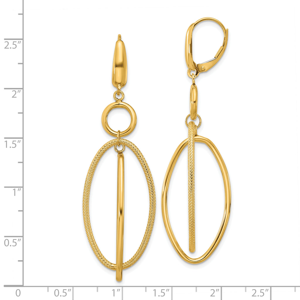 10k Polished and Textured Oval Dangle Leverback Earrings