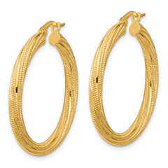 10k Polished and Textured Twisted Tube Hoop Earrings