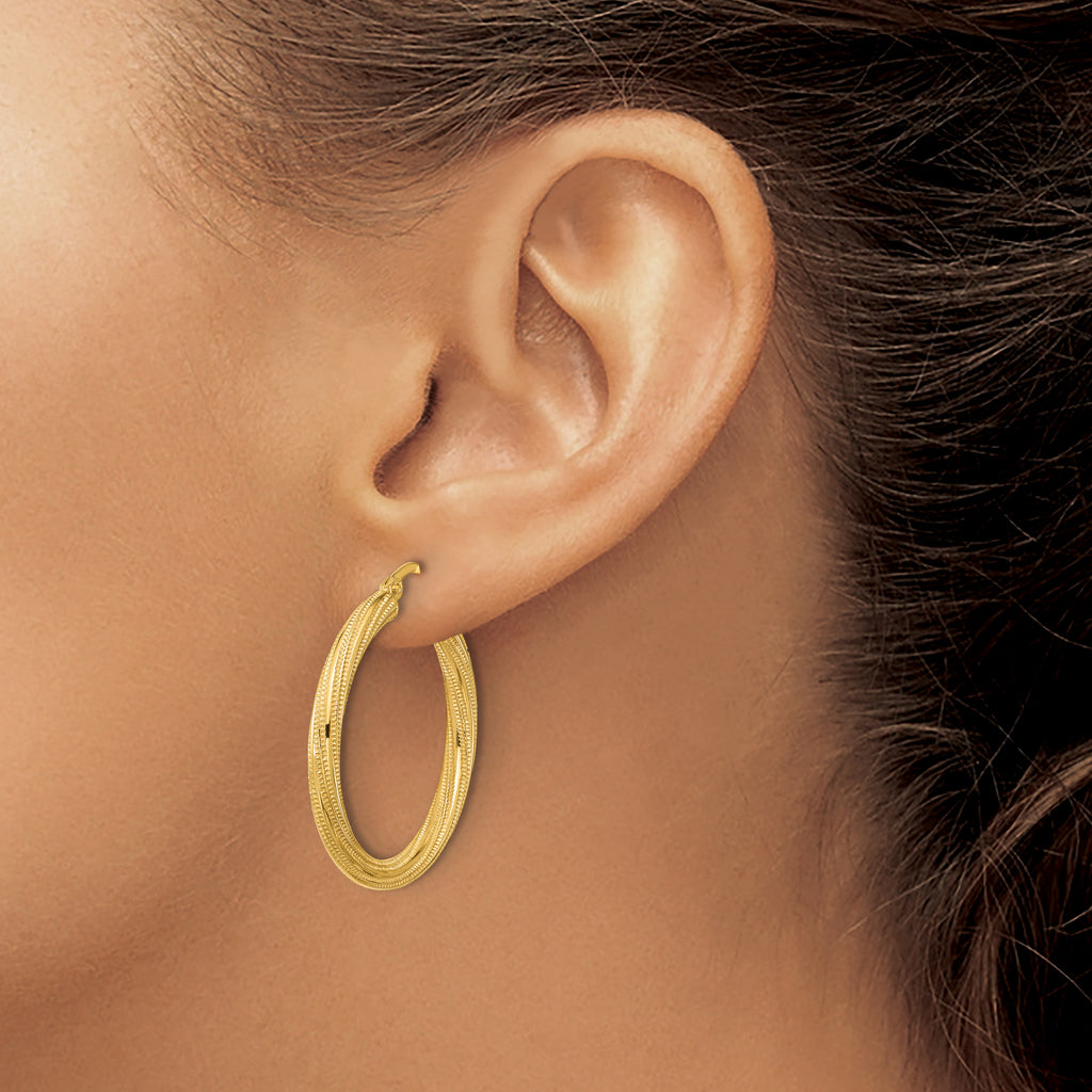 10k Polished and Textured Twisted Tube Hoop Earrings