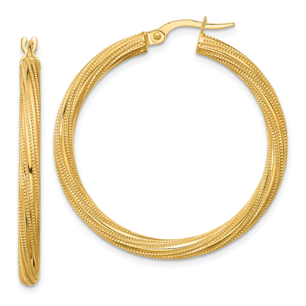 10k Polished and Textured Twisted Tube Hoop Earrings