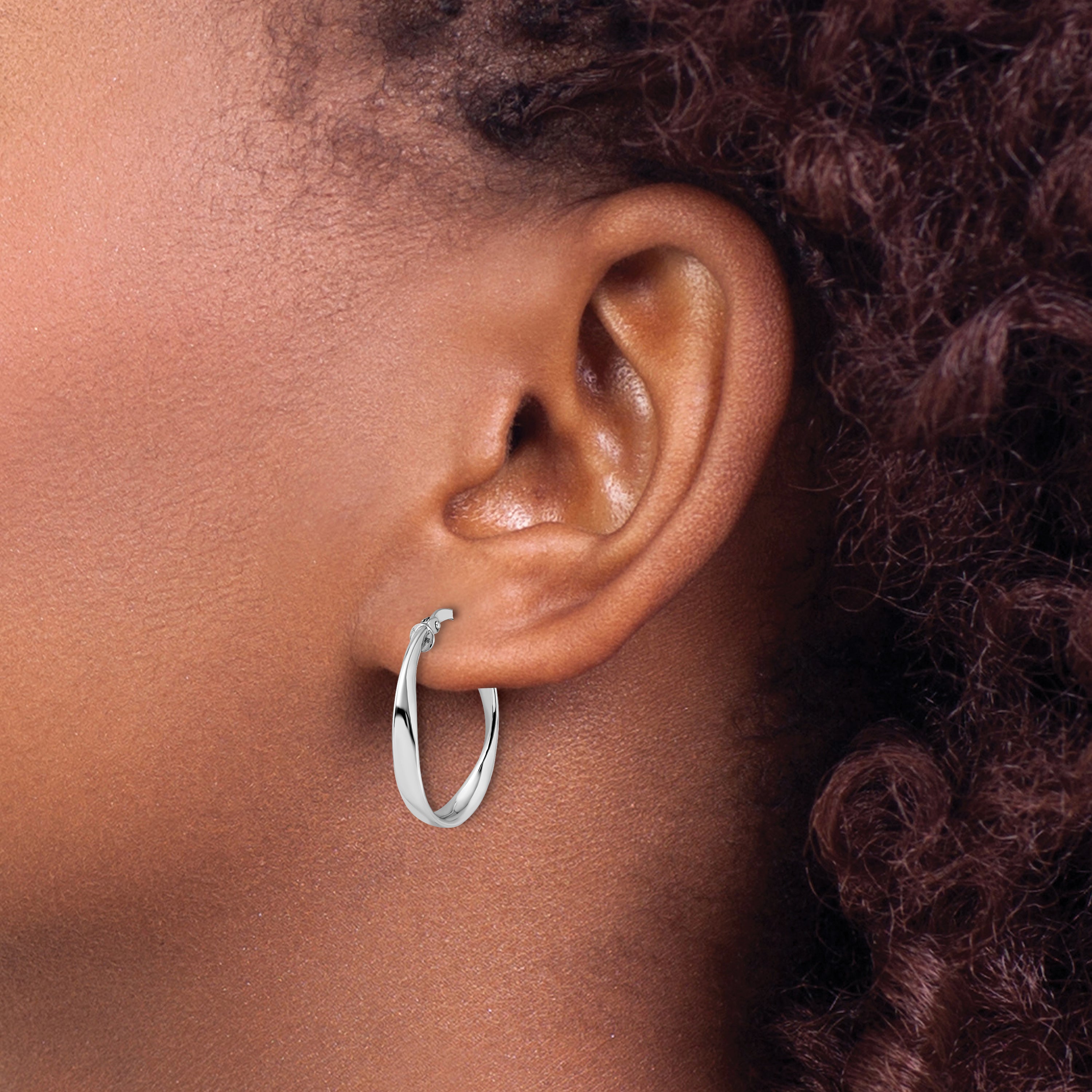 10K with White Rhodium Plating Polished Hoop Earrings