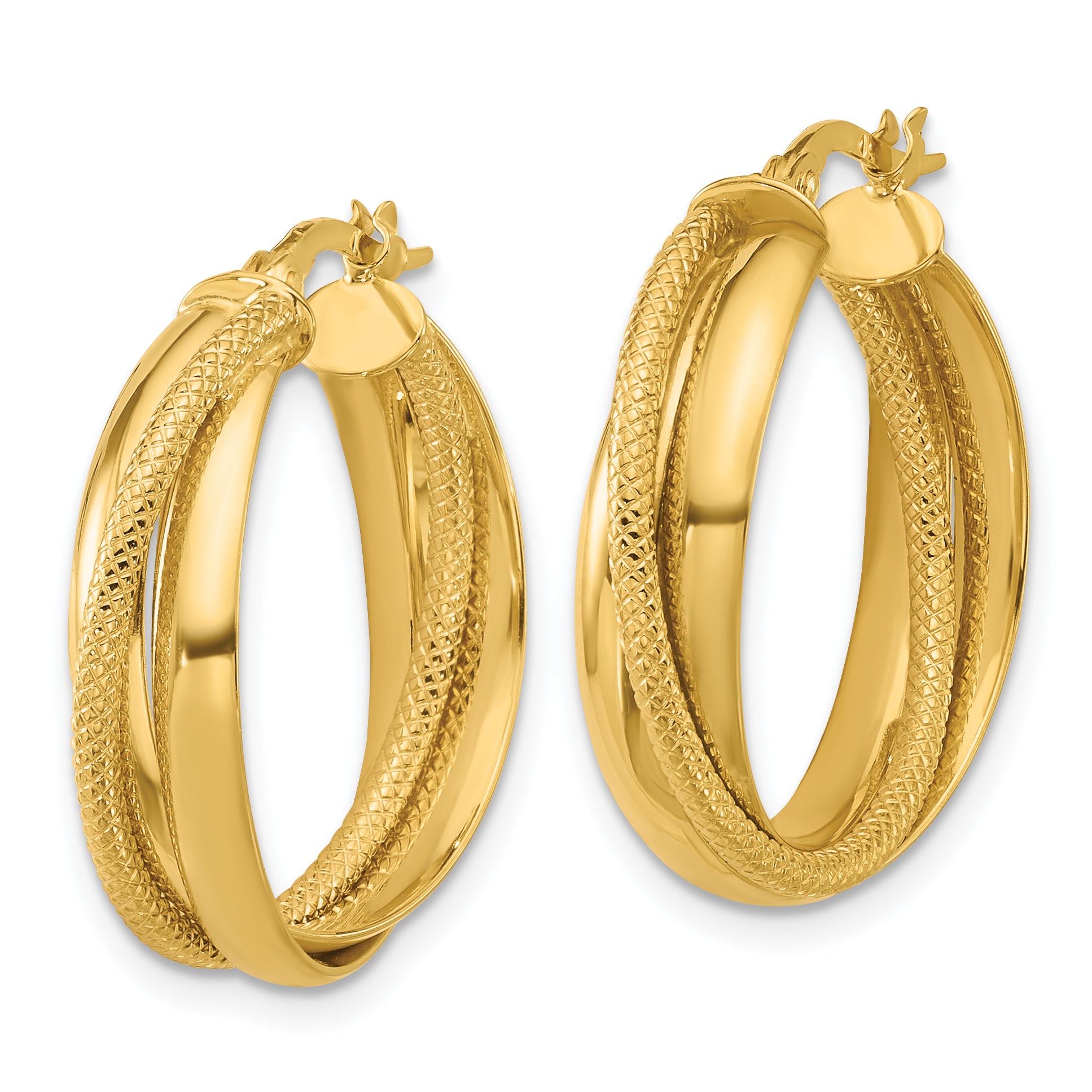 10K Polished and Textured Round Hoop Earrings Secondary image