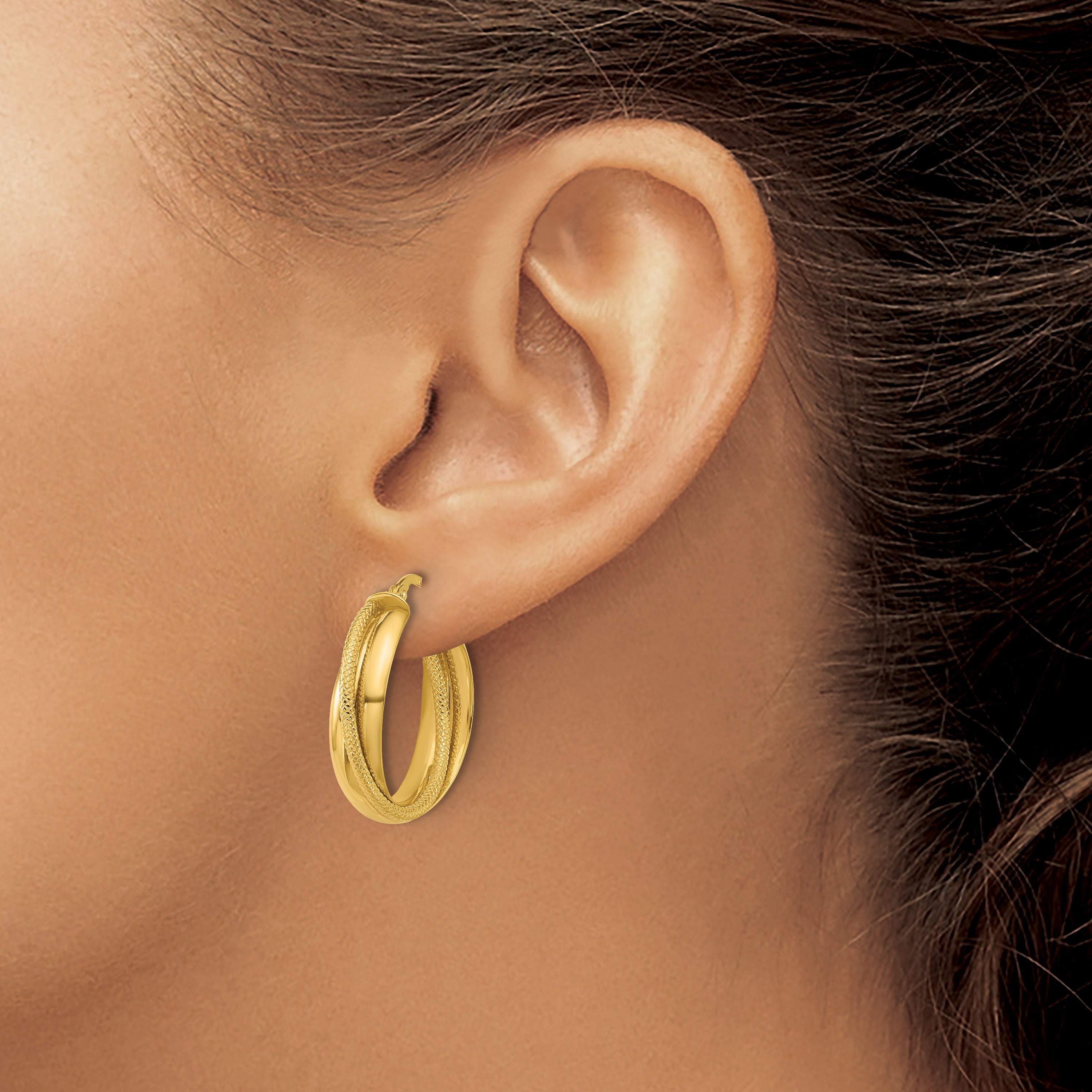 10K Polished and Textured Round Hoop Earrings
