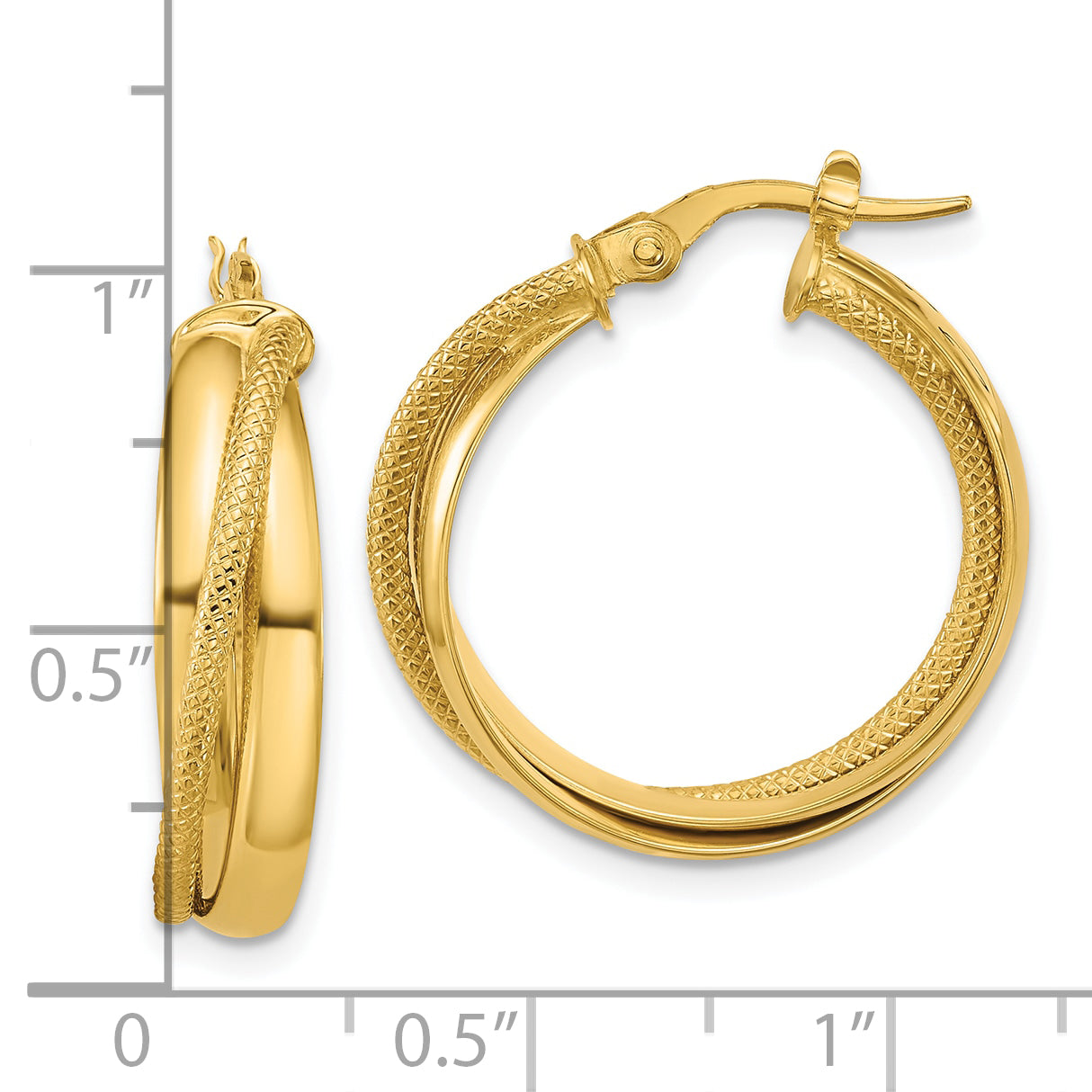 10K Polished and Textured Round Hoop Earrings