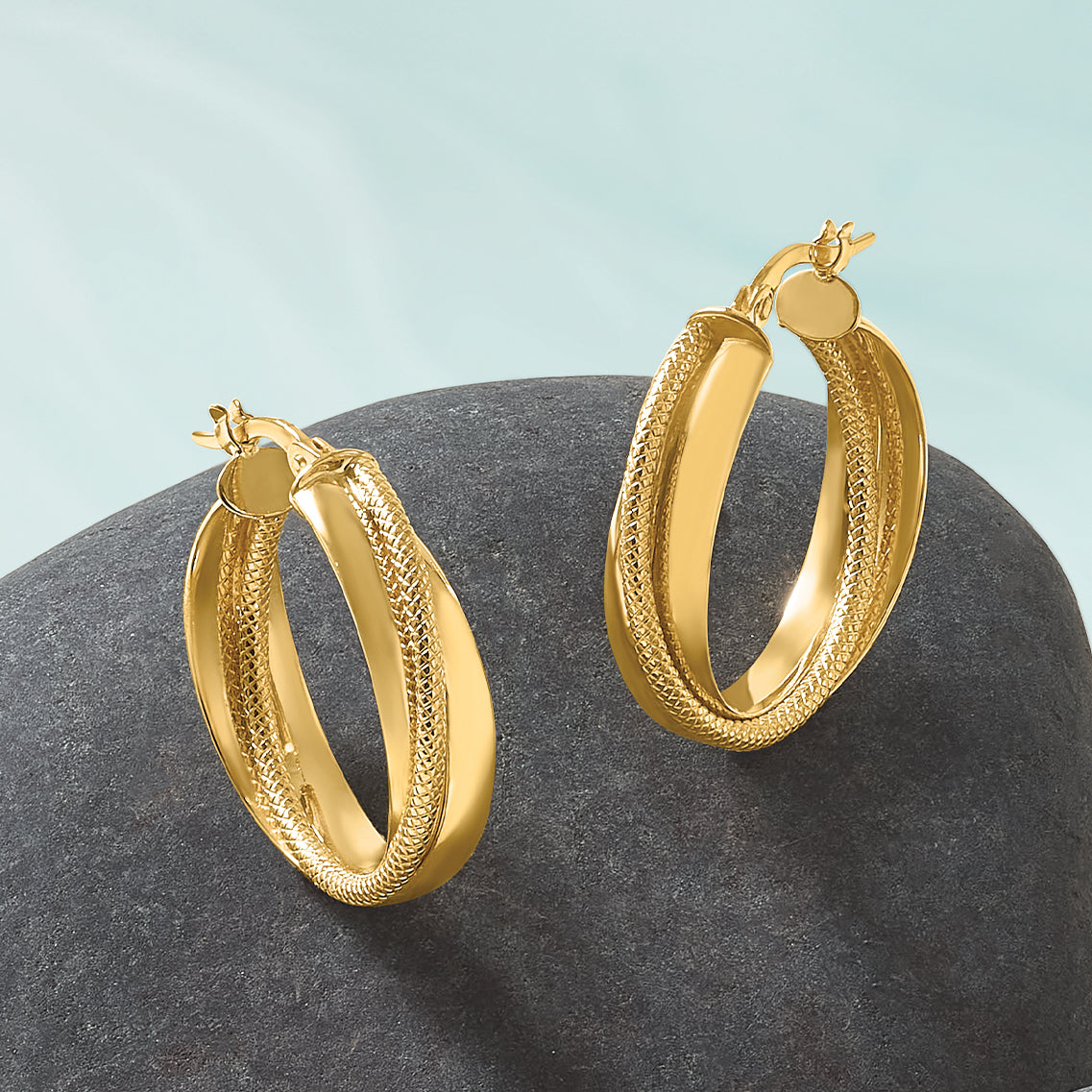 10K Polished and Textured Round Hoop Earrings
