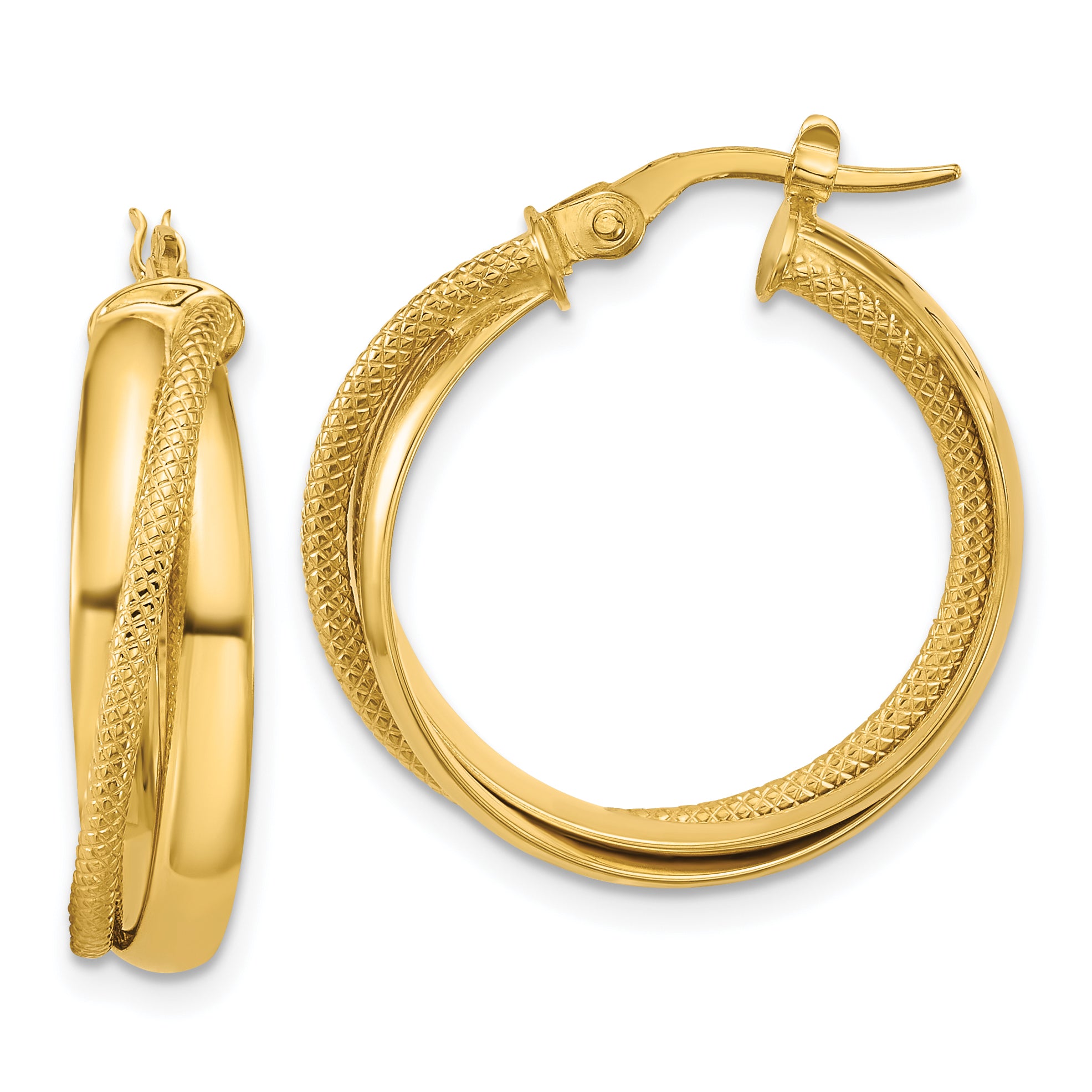 10K Polished and Textured Round Hoop Earrings Main image
