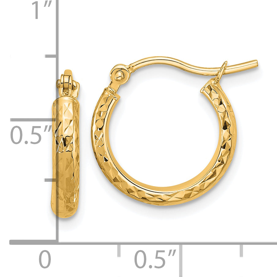 10k Diamond-cut 2.8x15mm Hollow Hoop Earrings