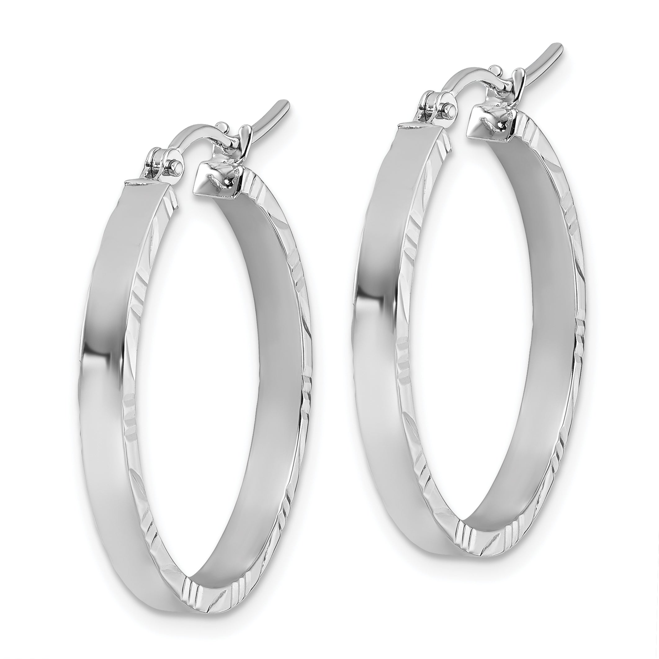 10k White Gold D/C Edge Medium 3mm Polish Hoop Earrings