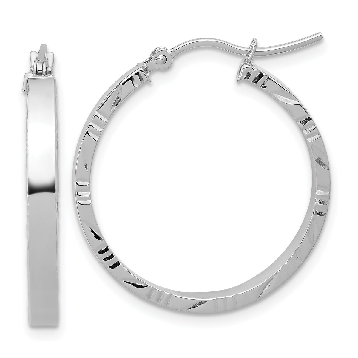 10k White Gold D/C Edge Medium 3mm Polish Hoop Earrings