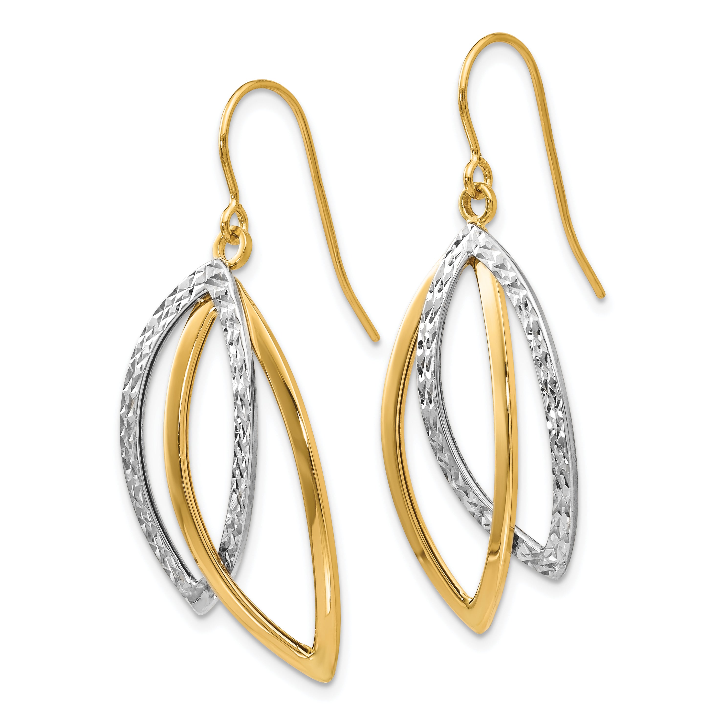 10K Two-tone Polished / Textured Shepherd Hook Earrings