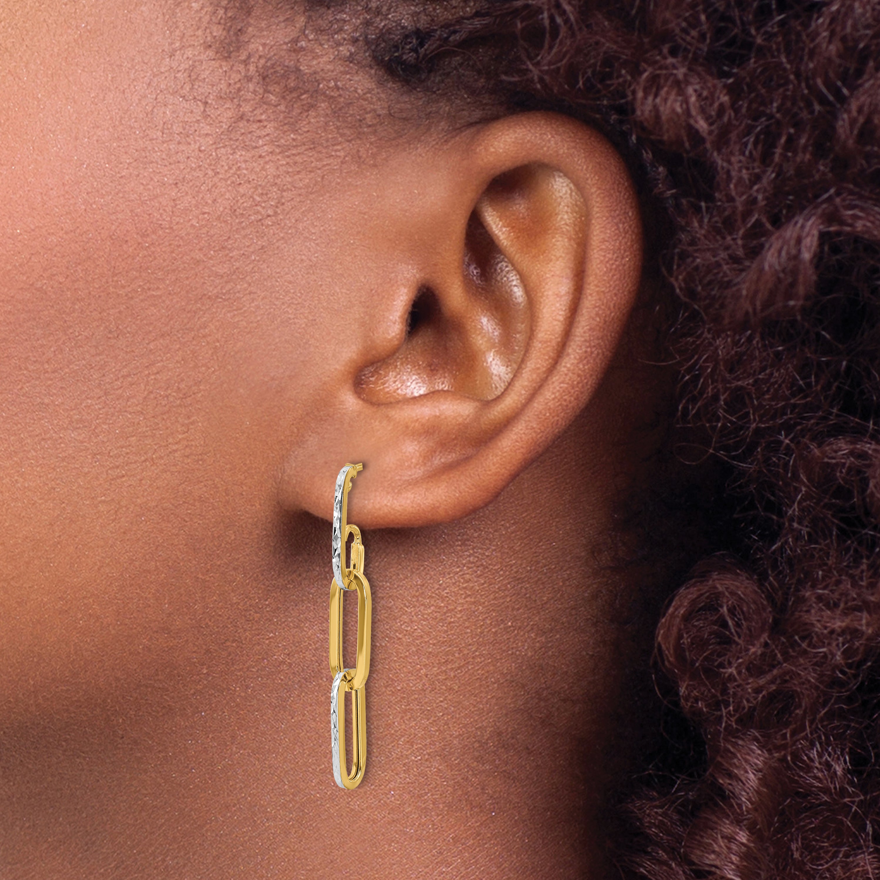 10K w/ White Rhod Polished/Dia-cut Link Dangle Earrings