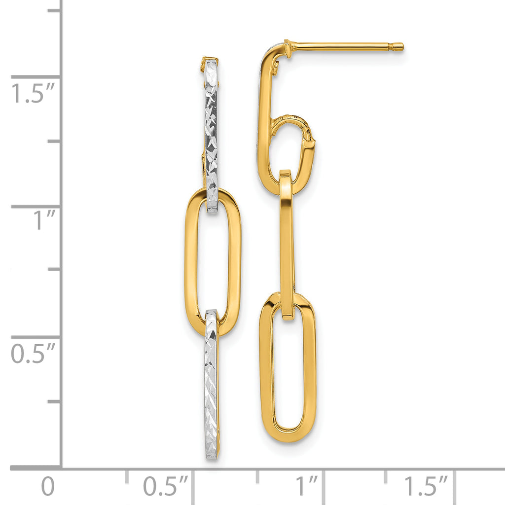 10K w/ White Rhod Polished/Dia-cut Link Dangle Earrings