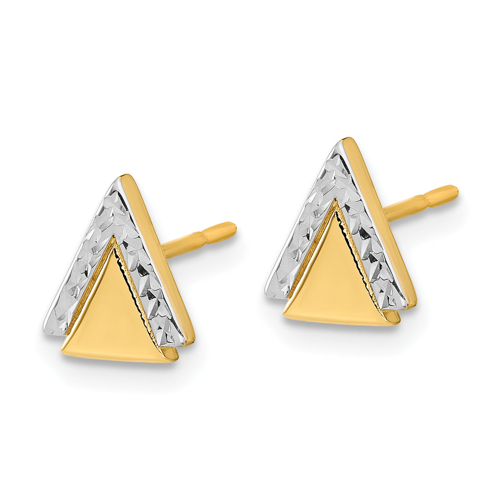 10K with Rhodium Polished and Diamond-cut Triangle Post Earrings