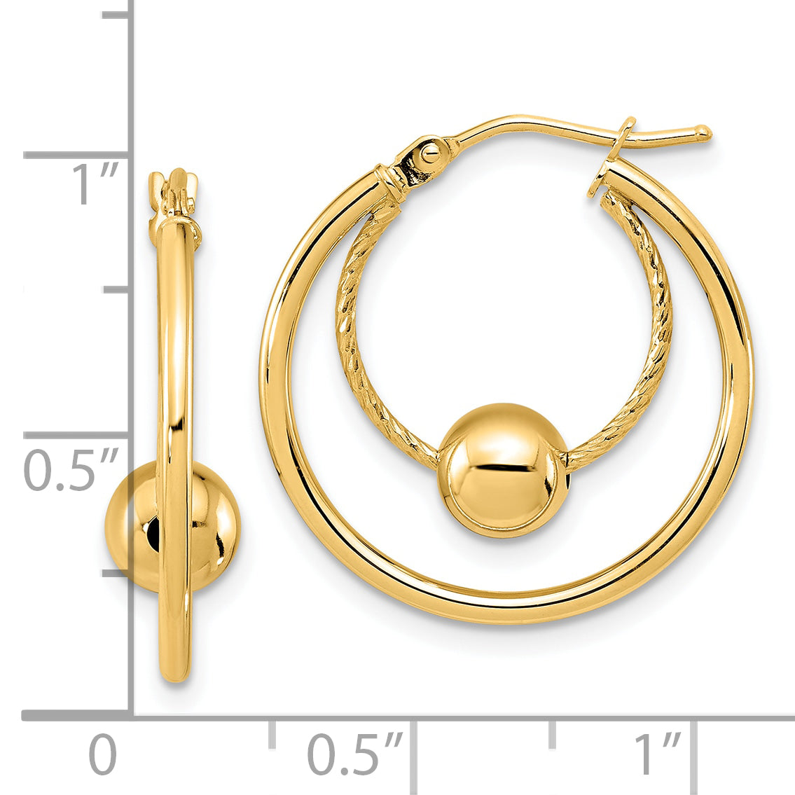 10K Polished Textured w/ 6mm Ball Hoop Earrings
