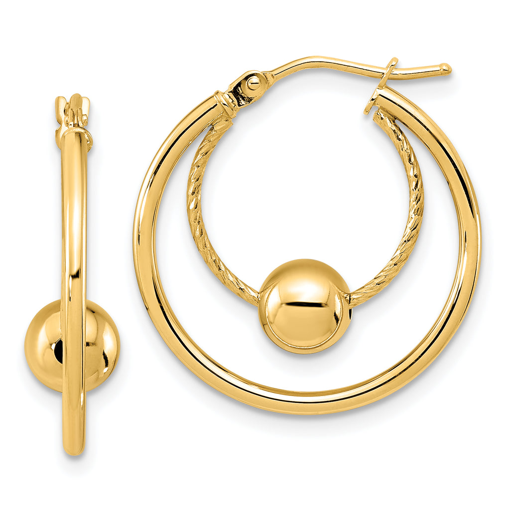 10K Polished Textured w/ 6mm Ball Hoop Earrings