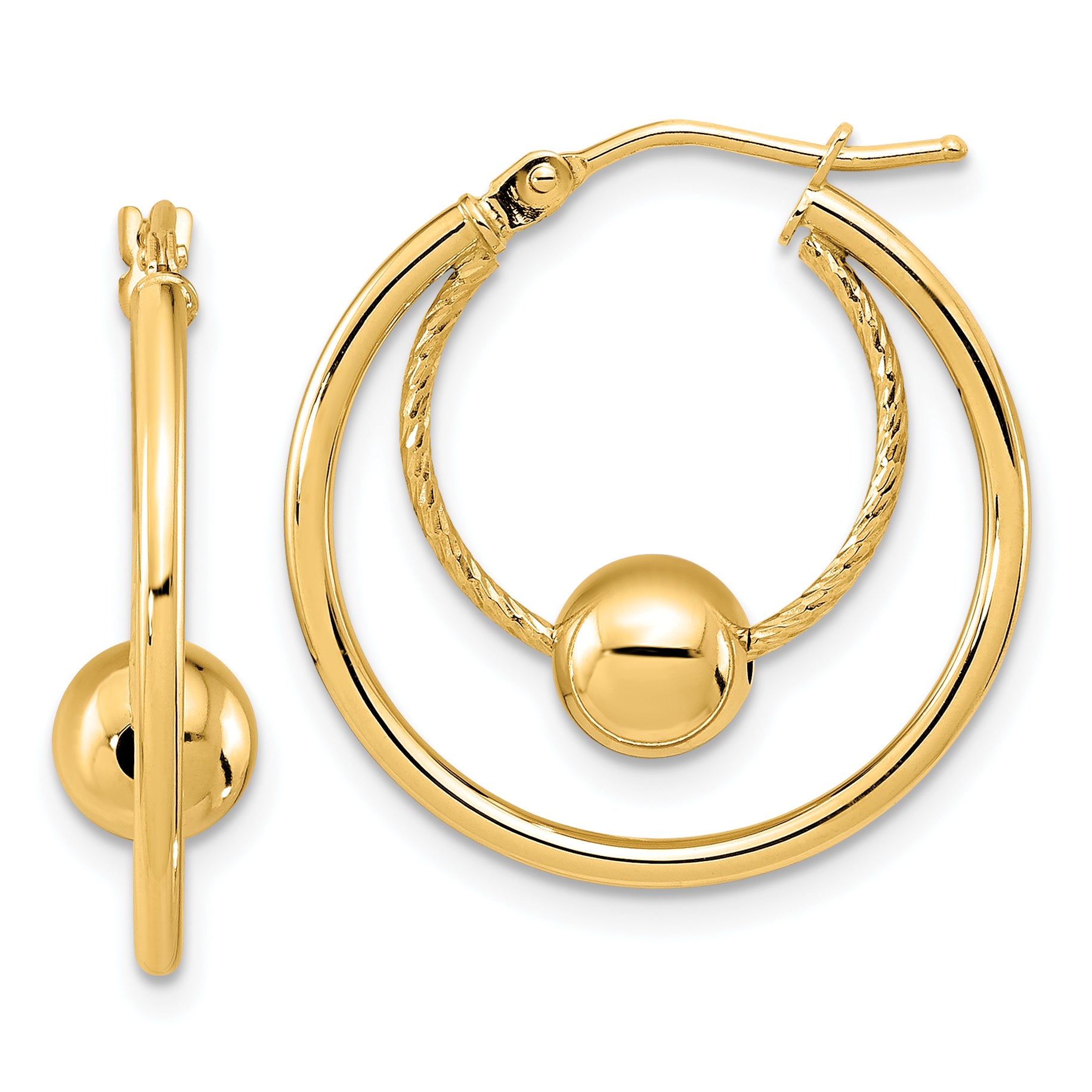 10K Polished Textured w/ 6mm Ball Hoop Earrings