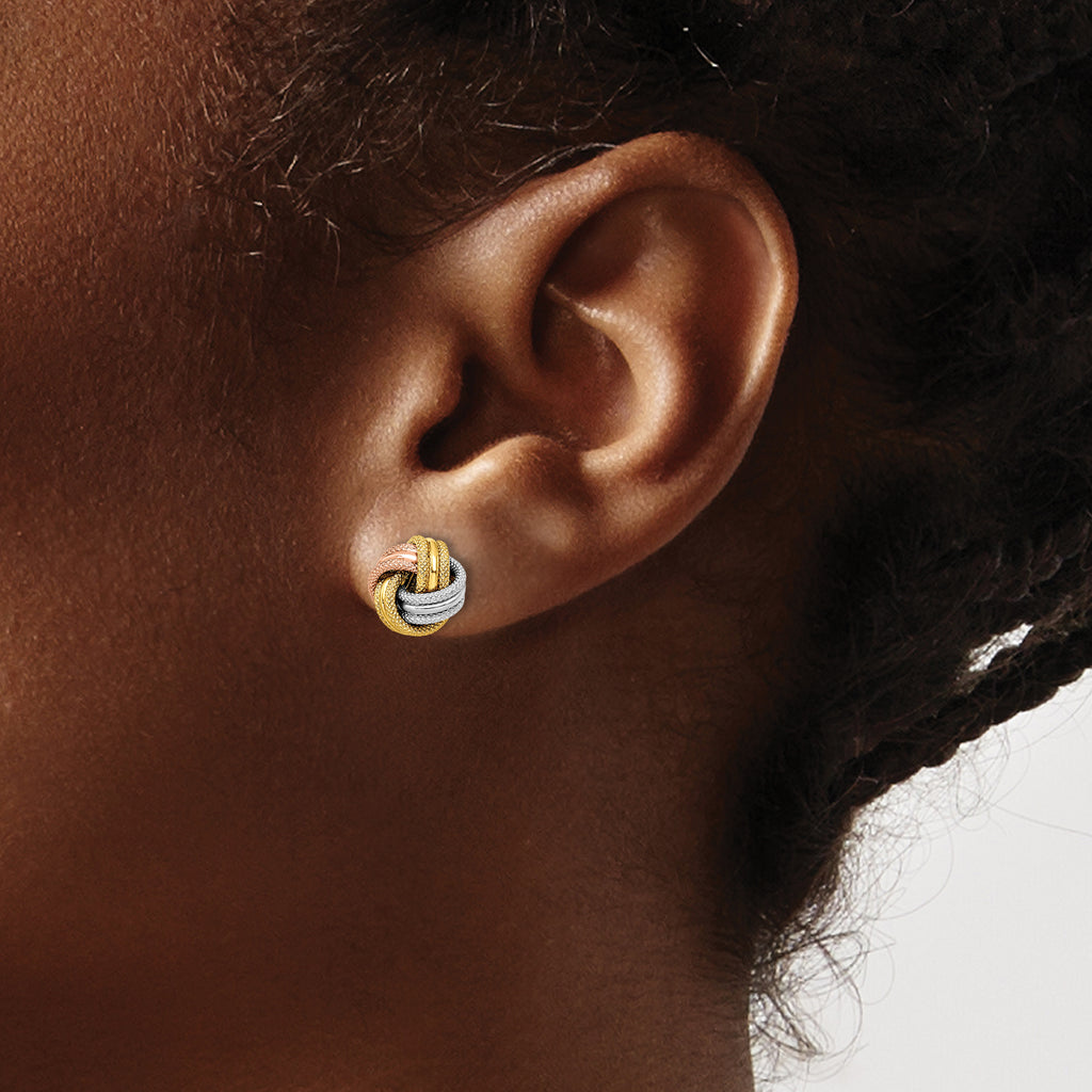 10K w/White and Rose Rhodium Knot Polished D/C Post Earrings