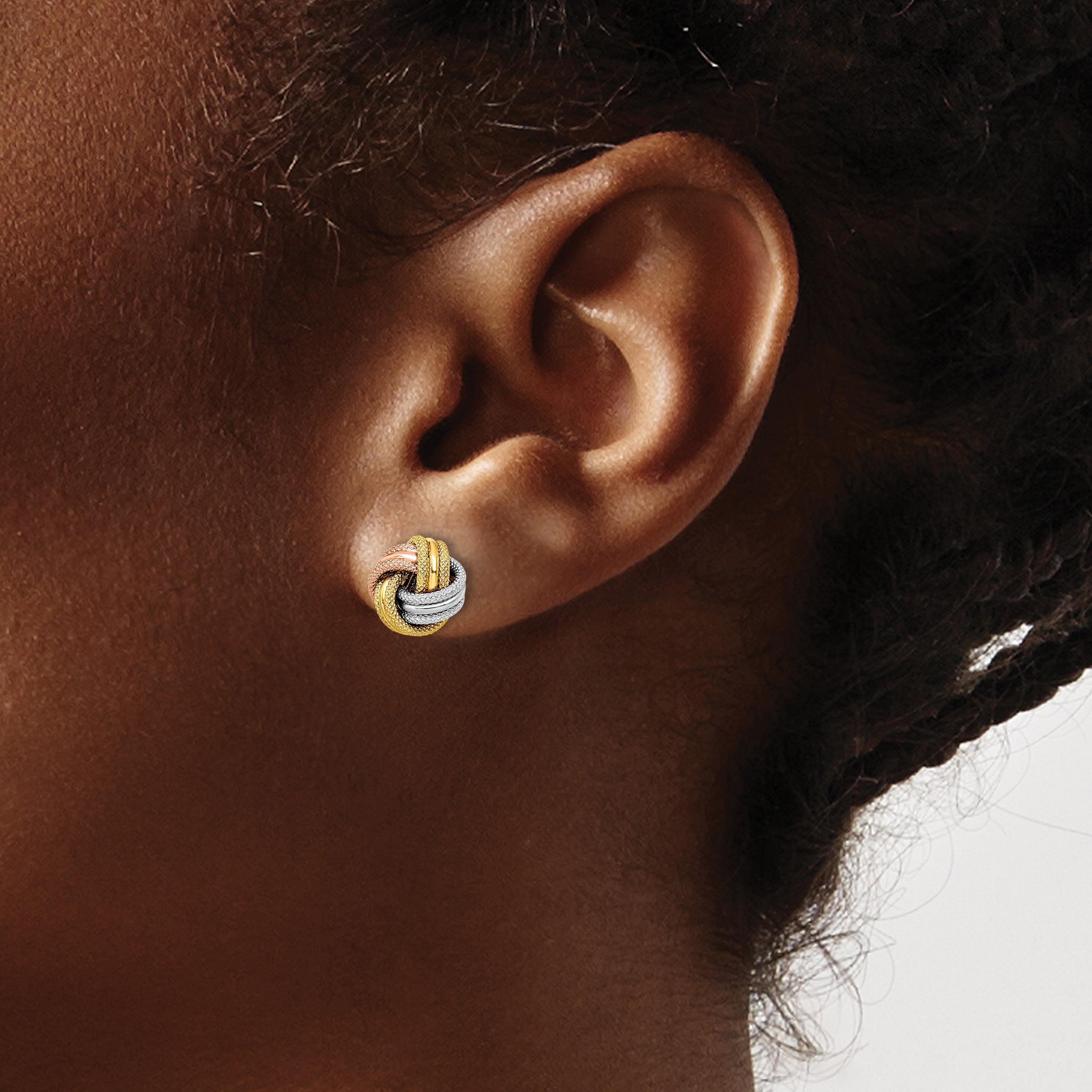 10K w/White and Rose Rhodium Knot Polished D/C Post Earrings