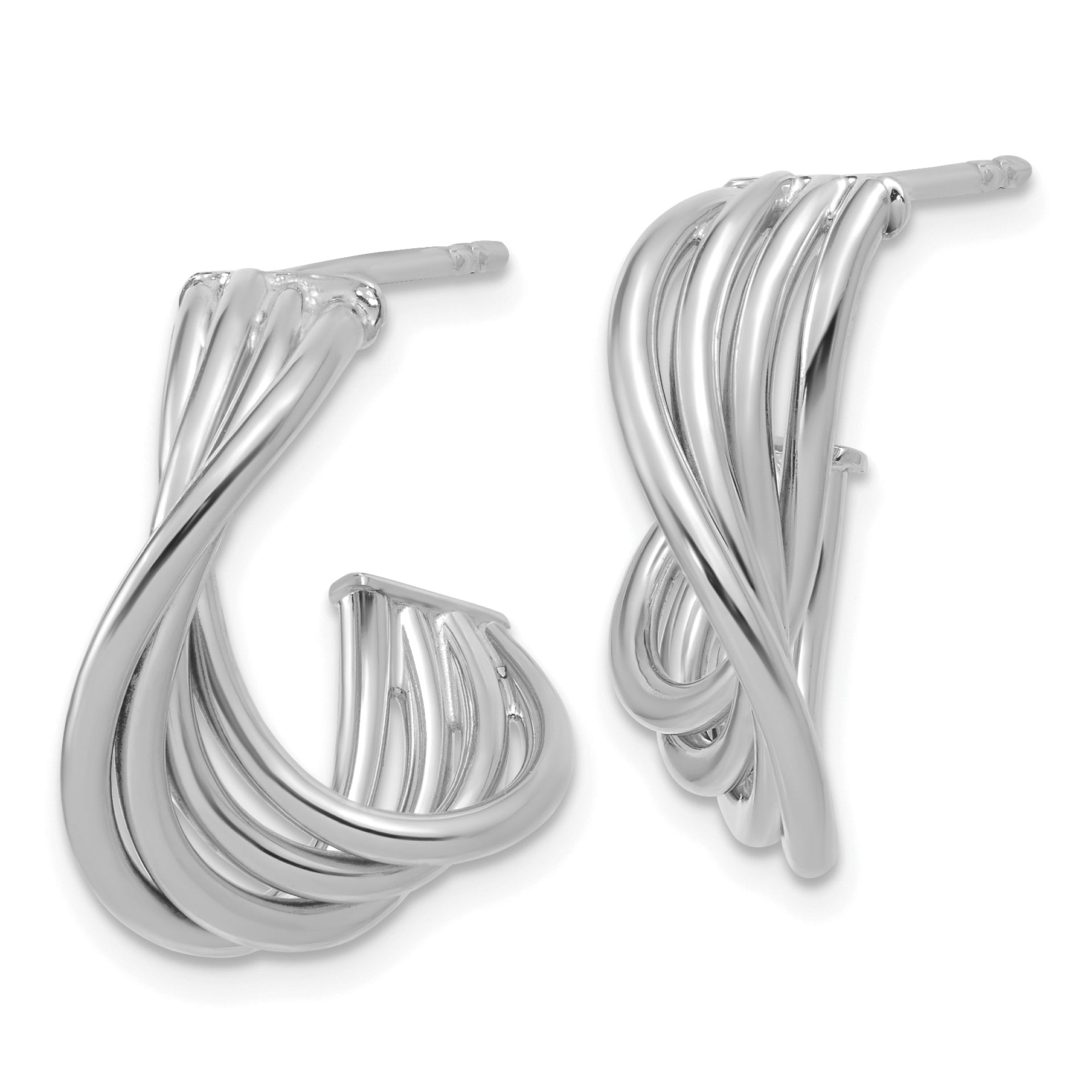 10K w/Rhodium-plating Polished 3-Row Twist J-Hoop Post Earrings Secondary image