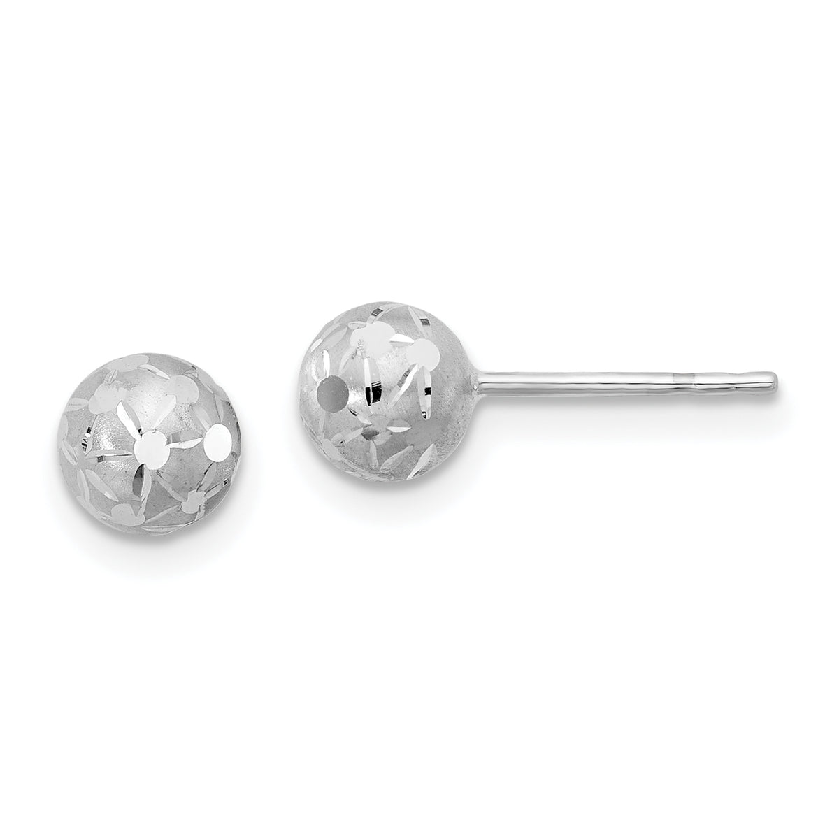 10K White Gold Polished/Satin and Diamond-cut Ball Post Earrings