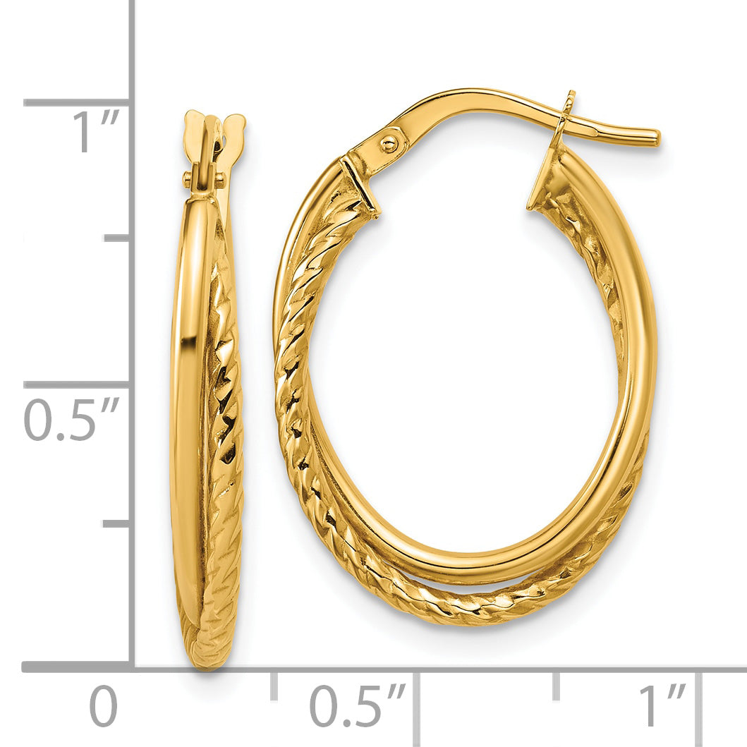 10K Gold Polished Textured Oval Hoop Earrings