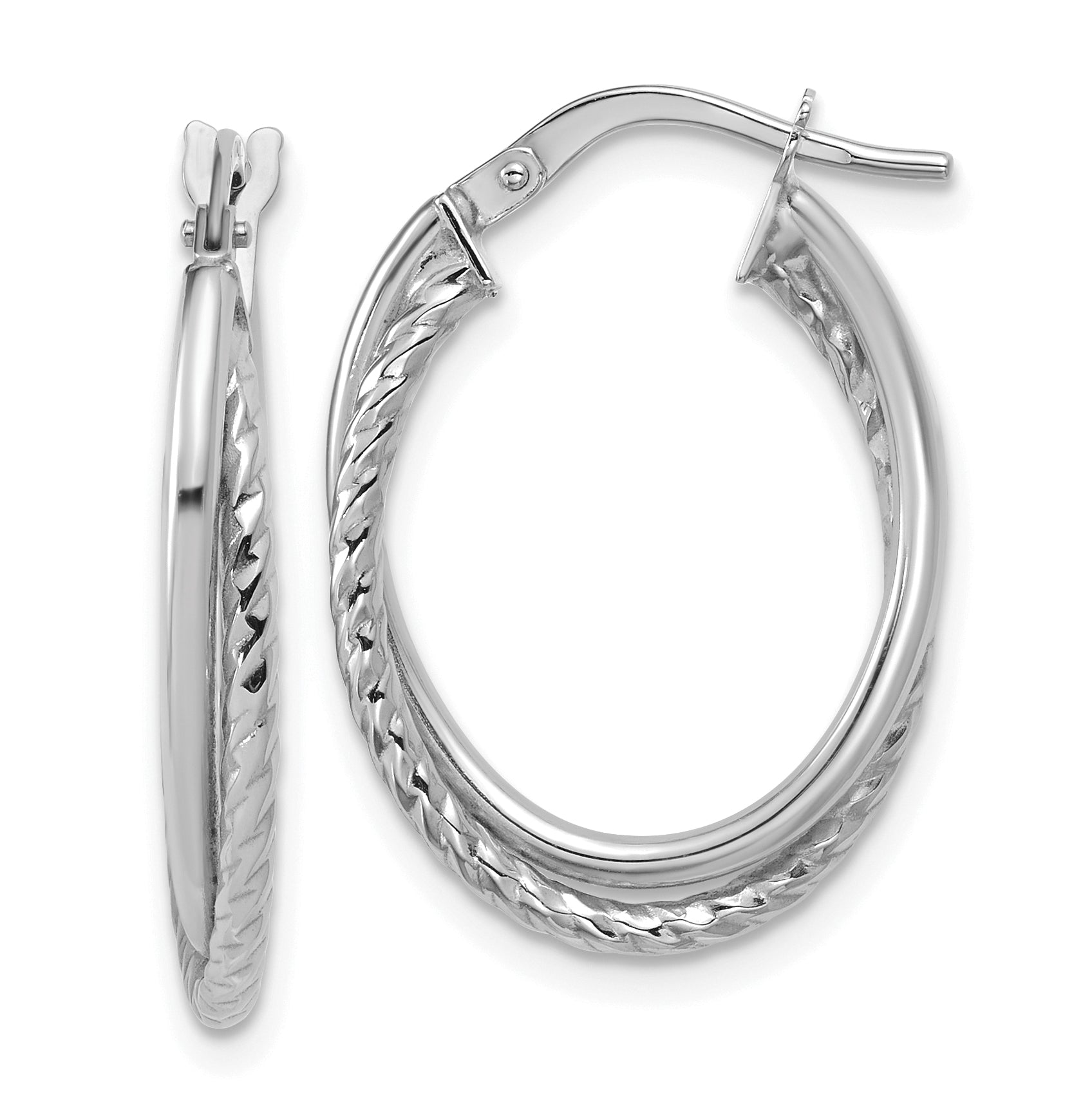 10K White Gold Polished Textured Oval Hoop Earrings