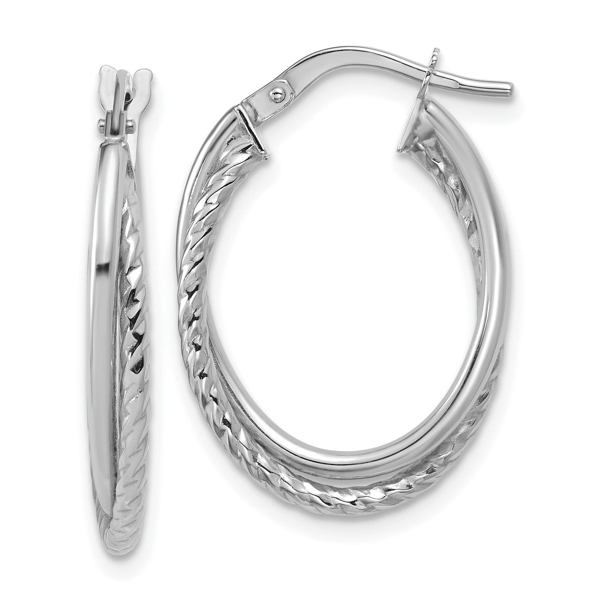 10K White Gold Polished Textured Oval Hoop Earrings