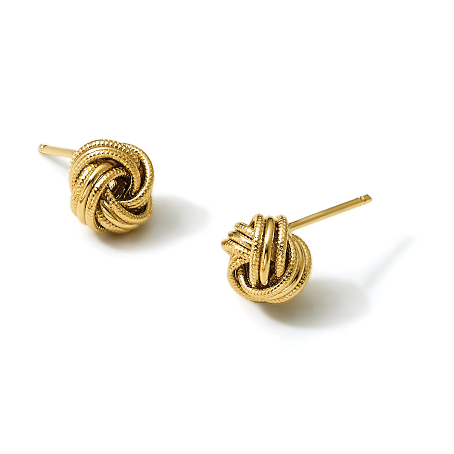 10K Yellow Gold Textured Love Knot Button Earrings, 9mm