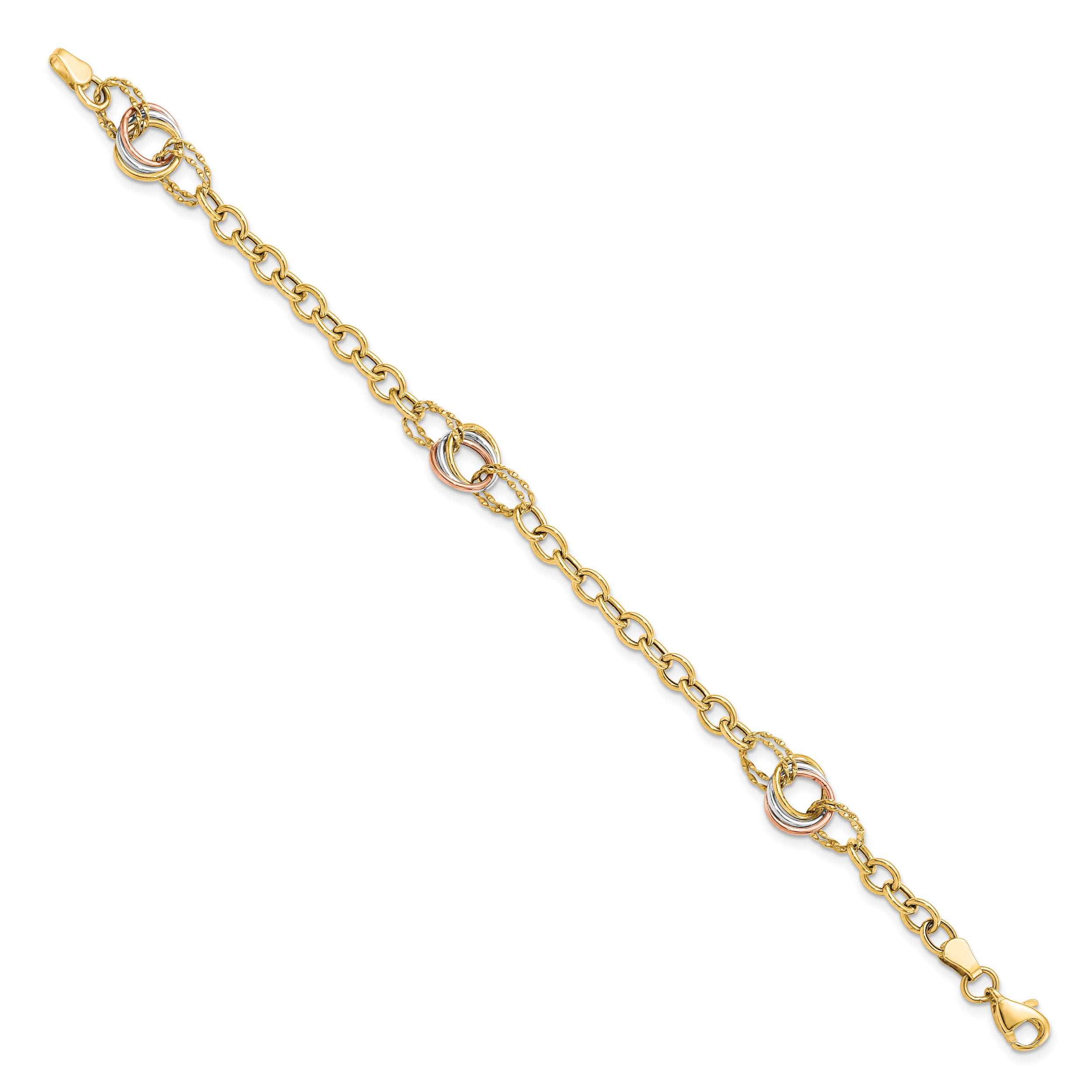 10K Tri-color Polished and Textured Fancy Link Bracelet