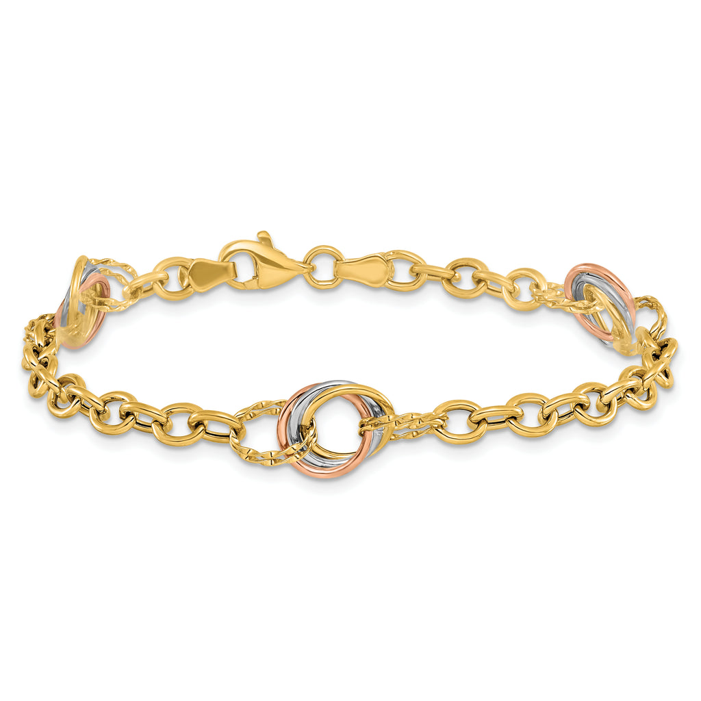 10K Tri-color Polished and Textured Fancy Link Bracelet