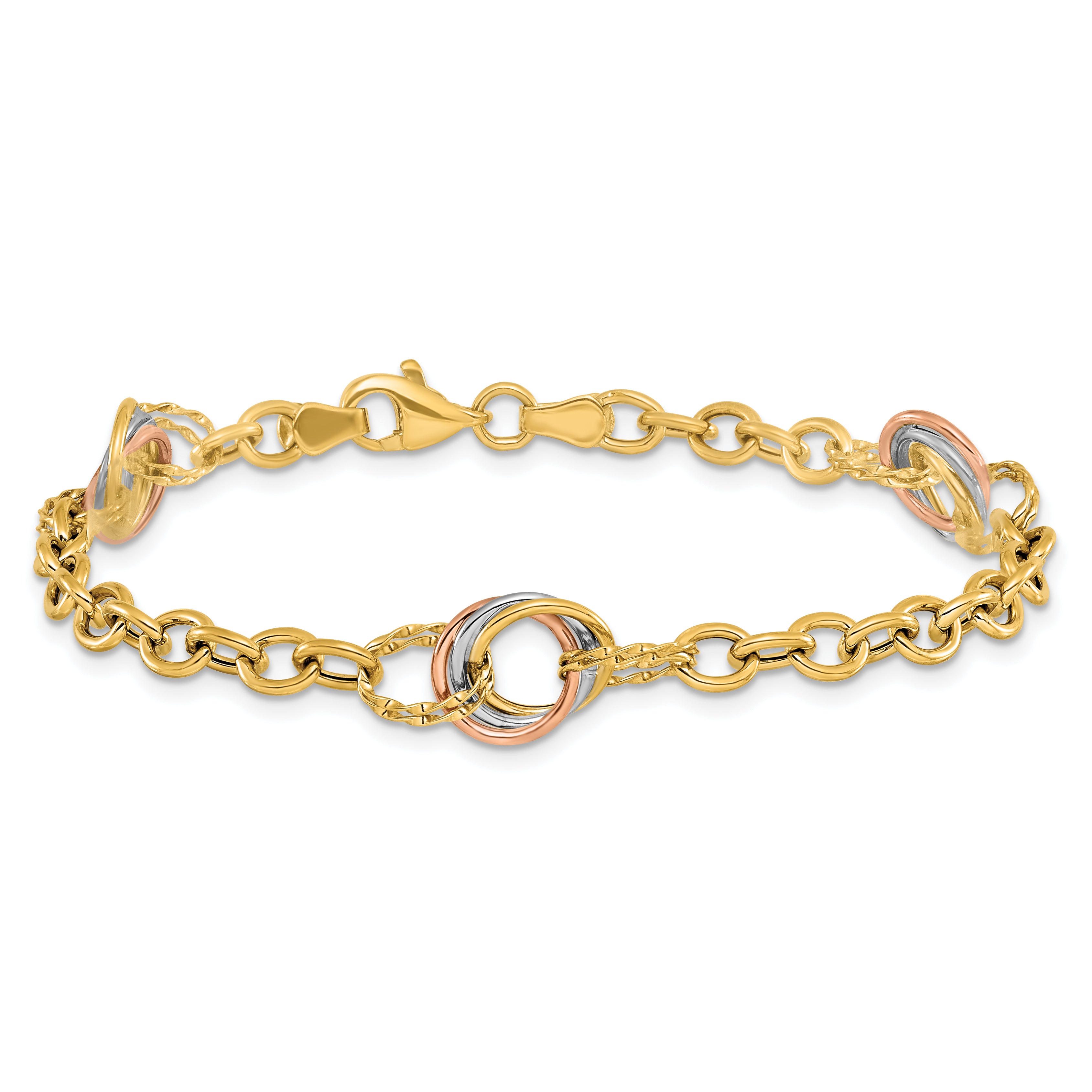 10K Tri-color Polished and Textured Fancy Link Bracelet