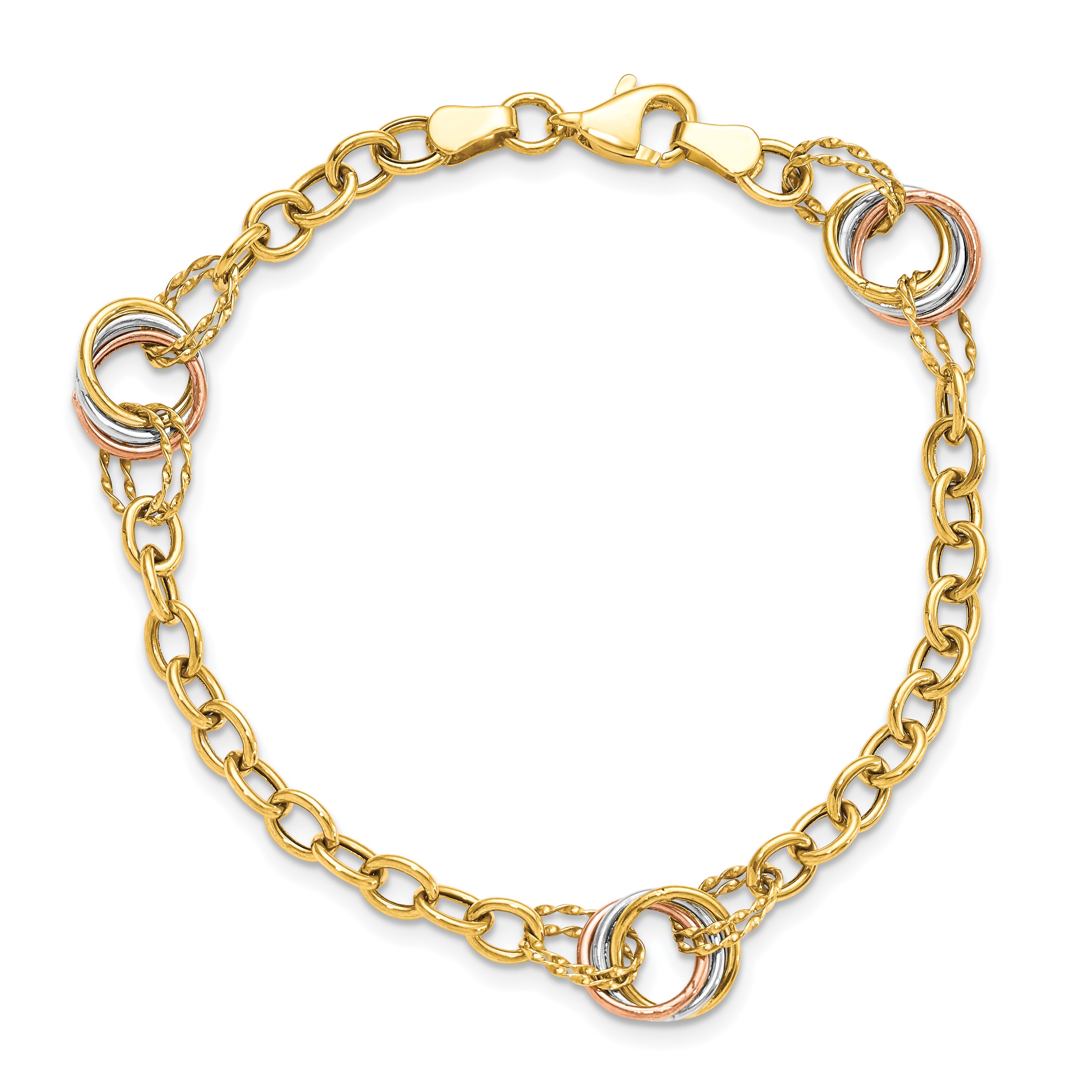 10K Tri-color Polished and Textured Fancy Link Bracelet