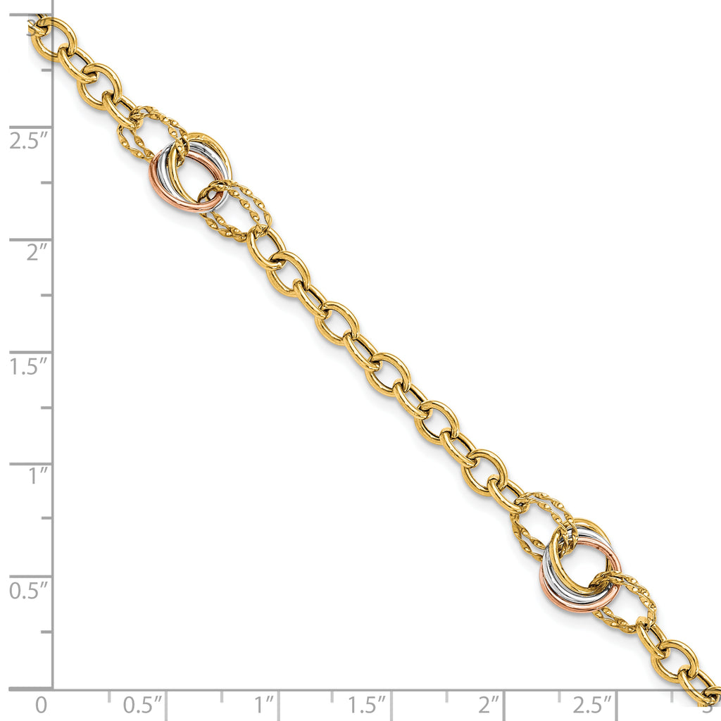 10K Tri-color Polished and Textured Fancy Link Bracelet