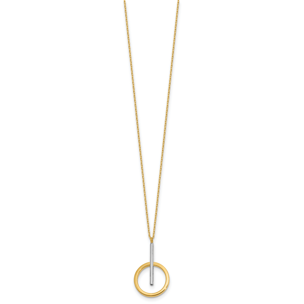 10K w/White Rhodium Polished Bar w/Circle Pendant Necklace