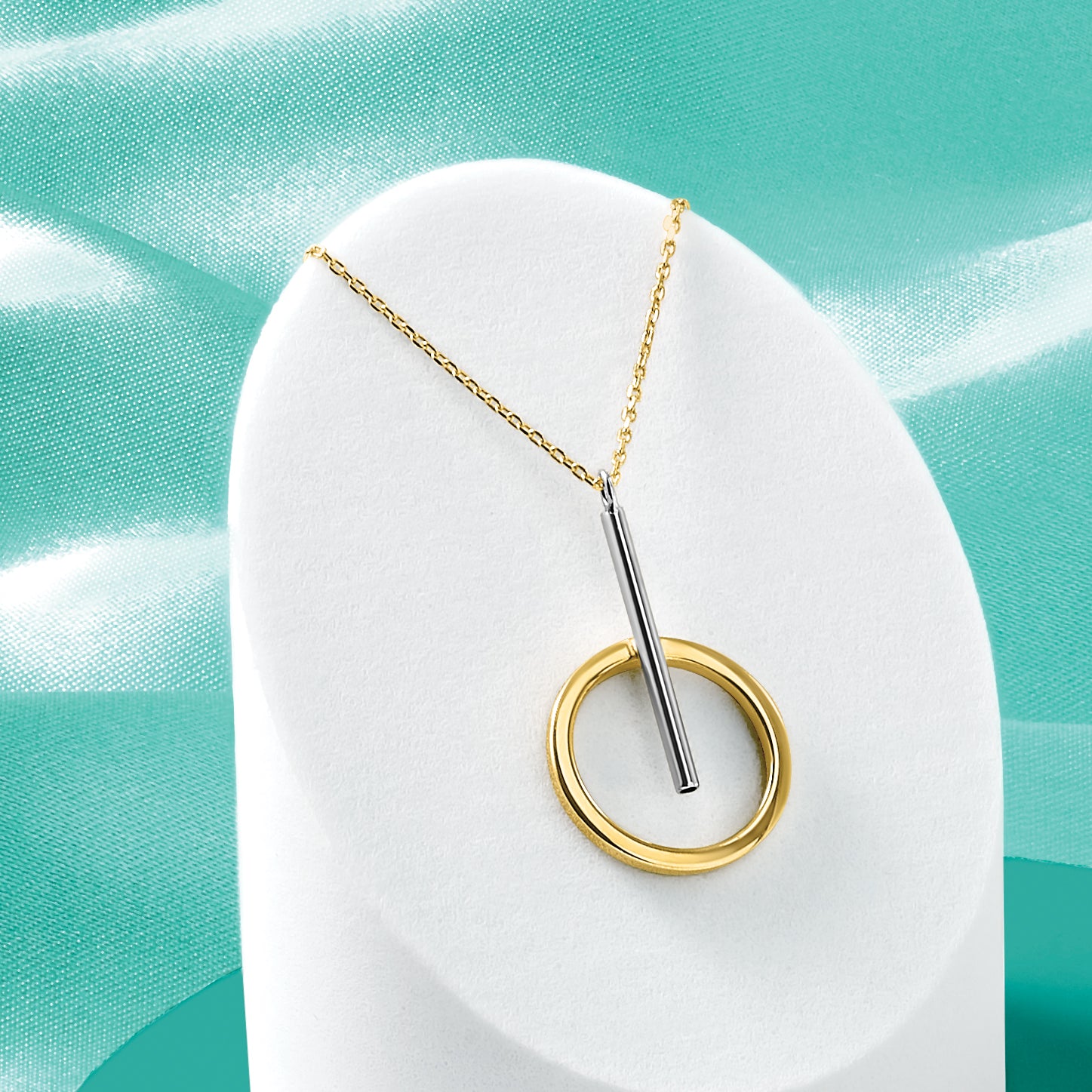 10K w/White Rhodium Polished Bar w/Circle Pendant Necklace