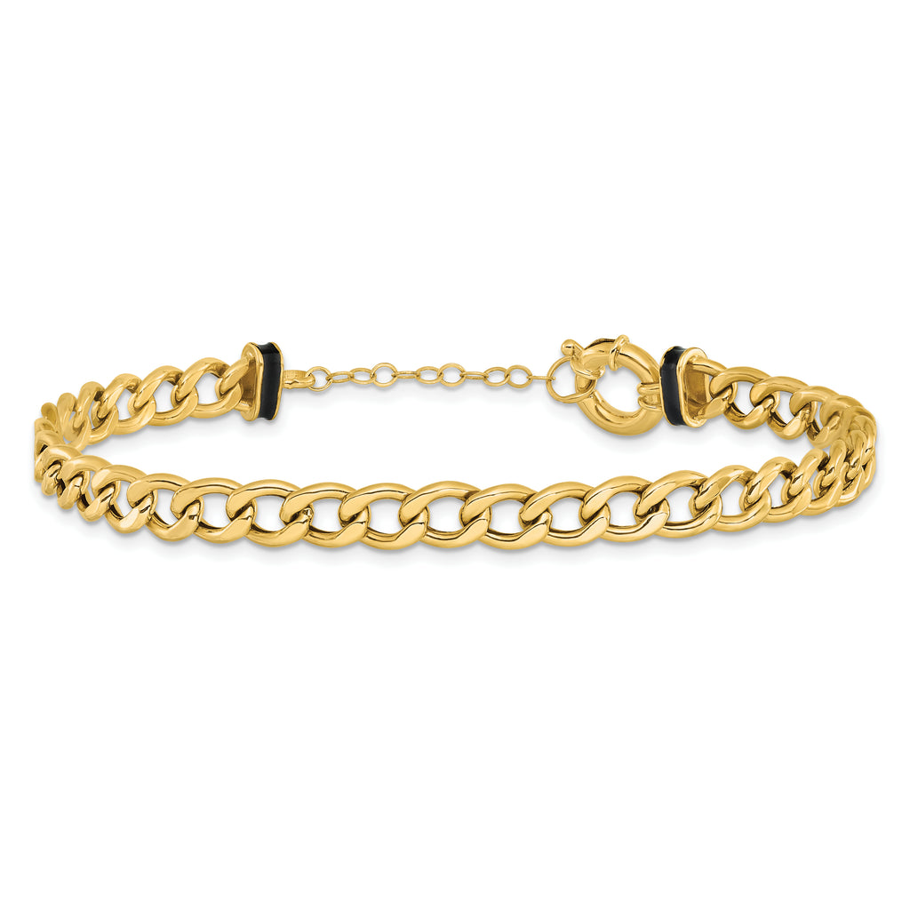 10K Polished with Black Enamel Flat Oval Link w/1in ext. Bracelet