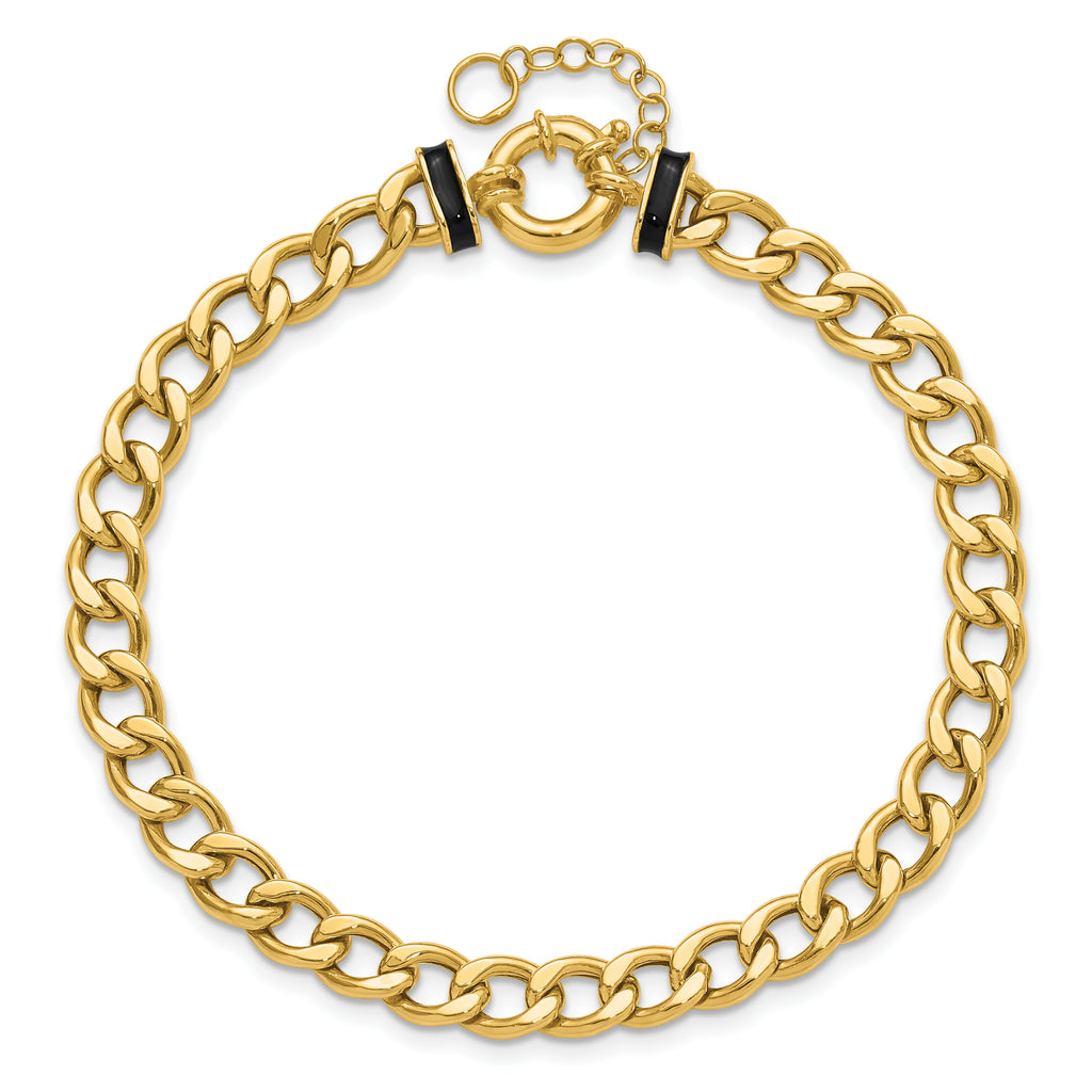 10K Polished with Black Enamel Flat Oval Link w/1in ext. Bracelet