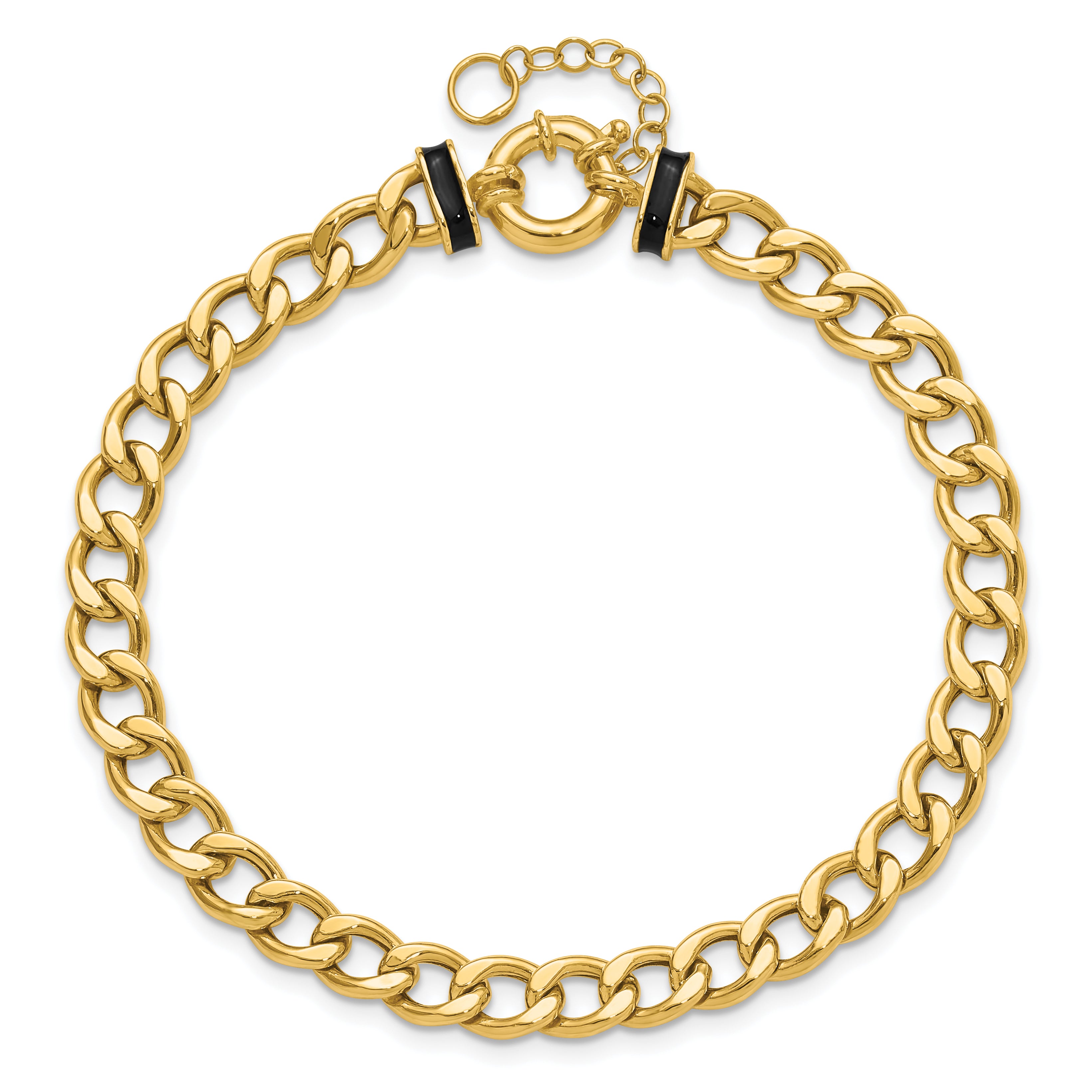 10K Polished with Black Enamel Flat Oval Link w/1in ext. Bracelet
