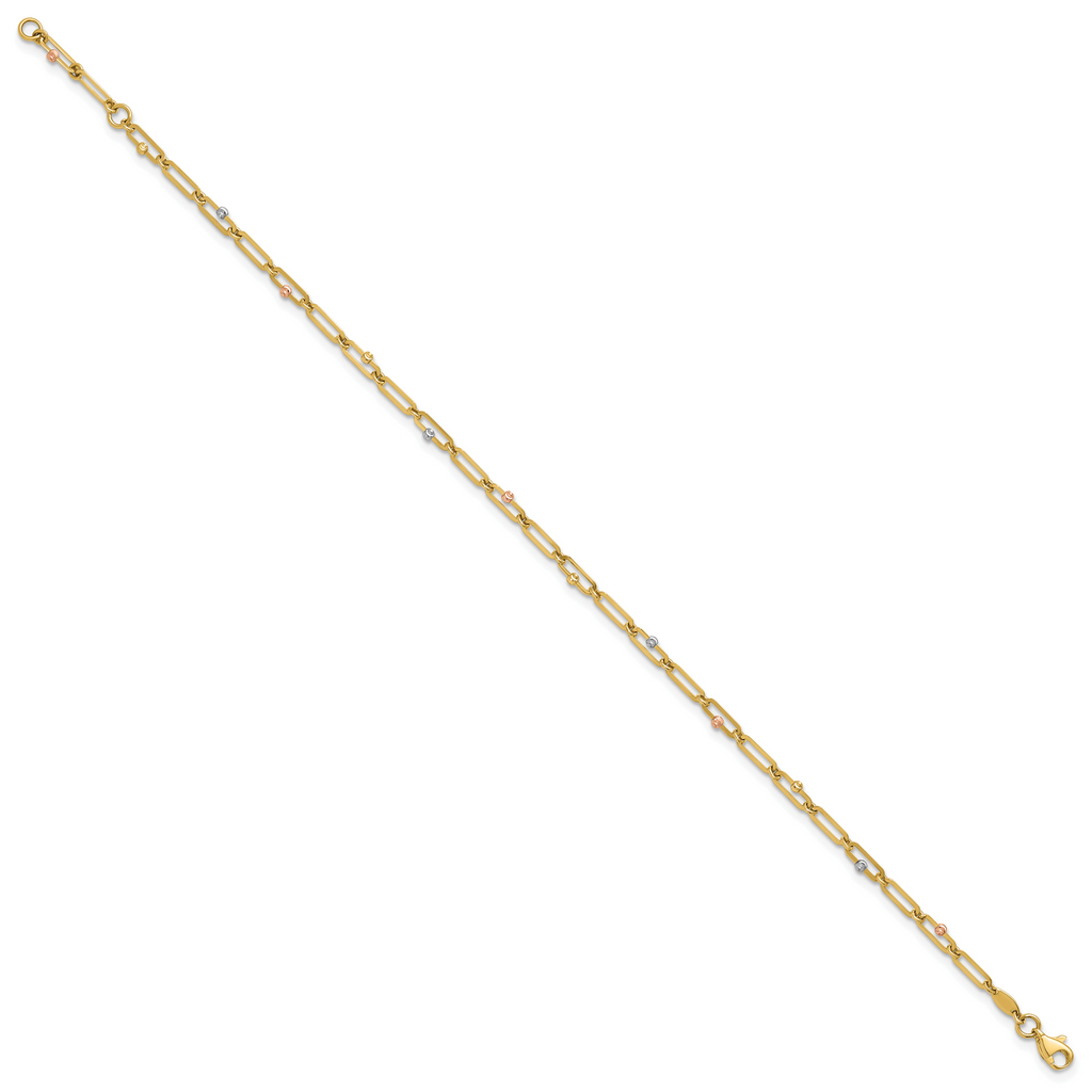 10K Tri-color Polished and Diamond-cut 10in Anklet