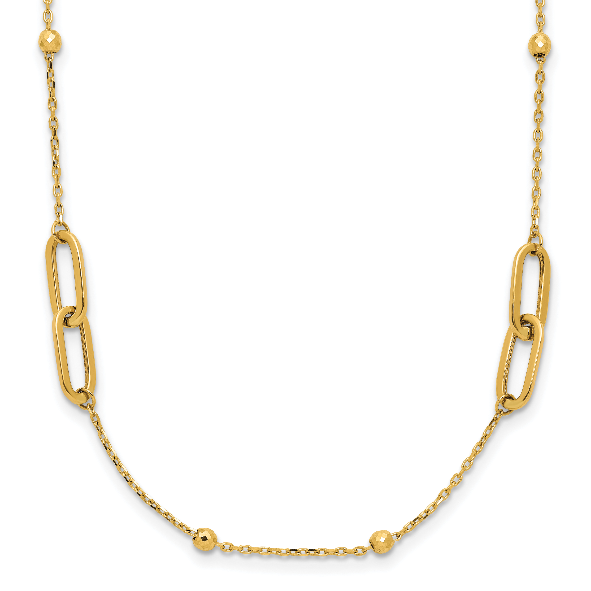 10K Polished and Dia-cut Fancy Link w/Beads With 2 Inch Extention. Necklace
