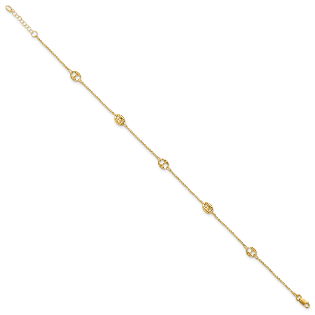 10K Polished and Textured Fancy 10in Plus 1in ext. Anklet