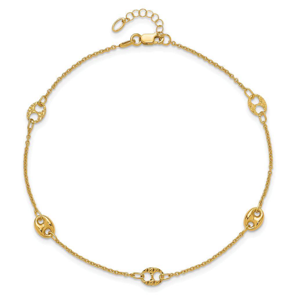 10K Polished and Textured Fancy 10in Plus 1in ext. Anklet