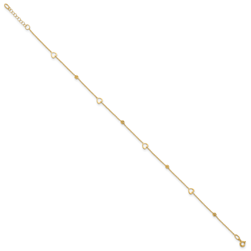10K Polished and Dia-cut Heart 10in Plus 1in ext. Anklet
