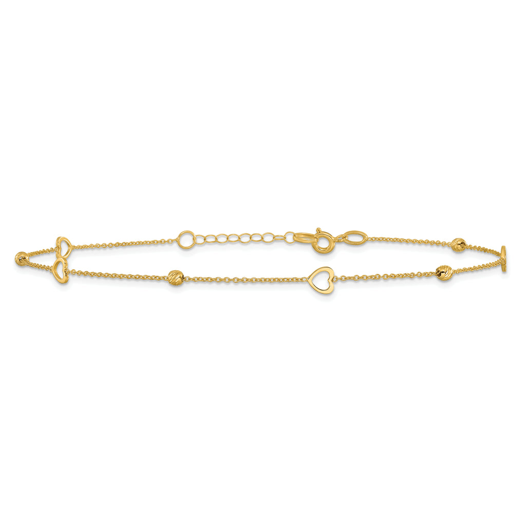 10K Polished and Dia-cut Heart 10in Plus 1in ext. Anklet