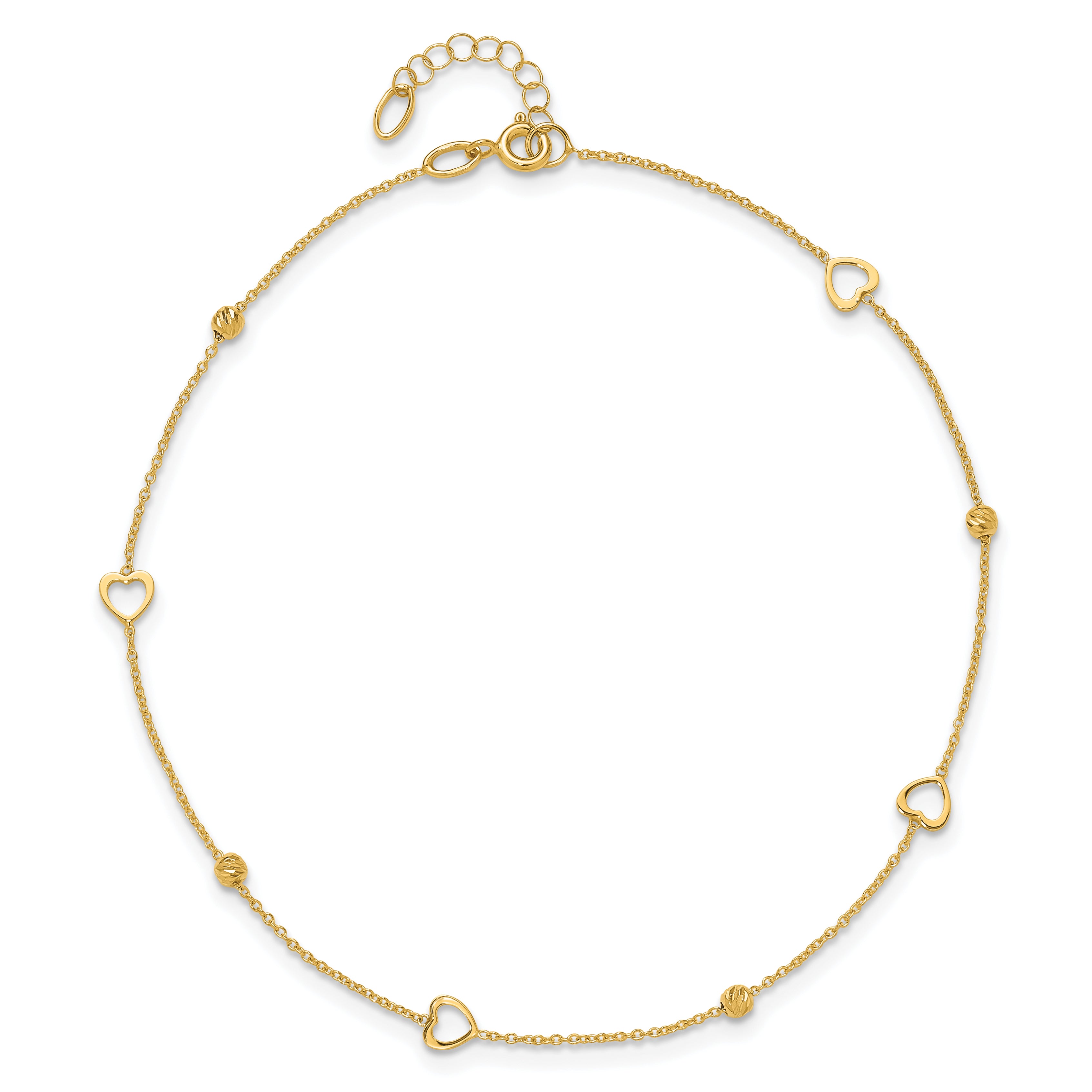 10K Polished and Dia-cut Heart 10in Plus 1in ext. Anklet