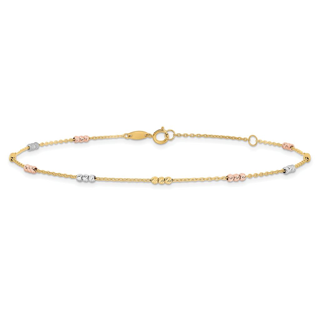 10K Tri-color Polished with D/C Bead 9in Plus 1in. ext. Anklet